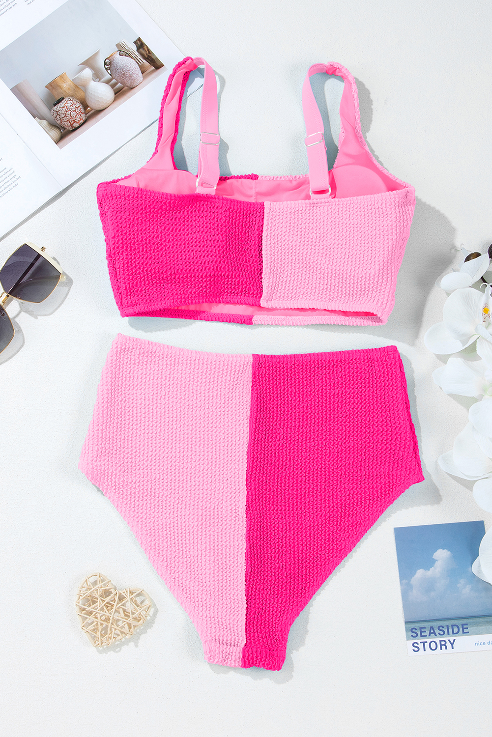 Pink Corded Colorblock Square Neck Bikini Swimsuit view 8