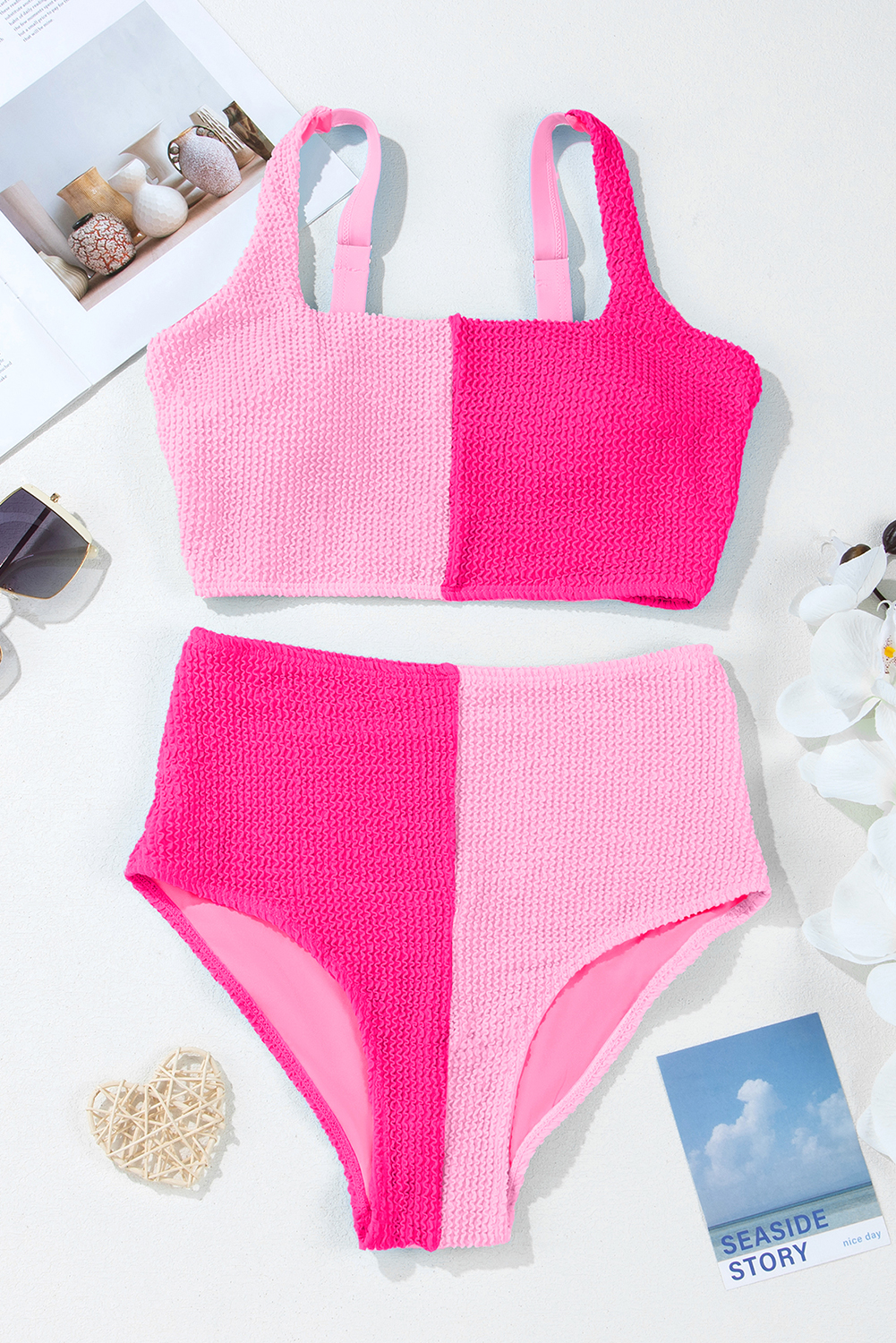 Pink Corded Colorblock Square Neck Bikini Swimsuit view 7