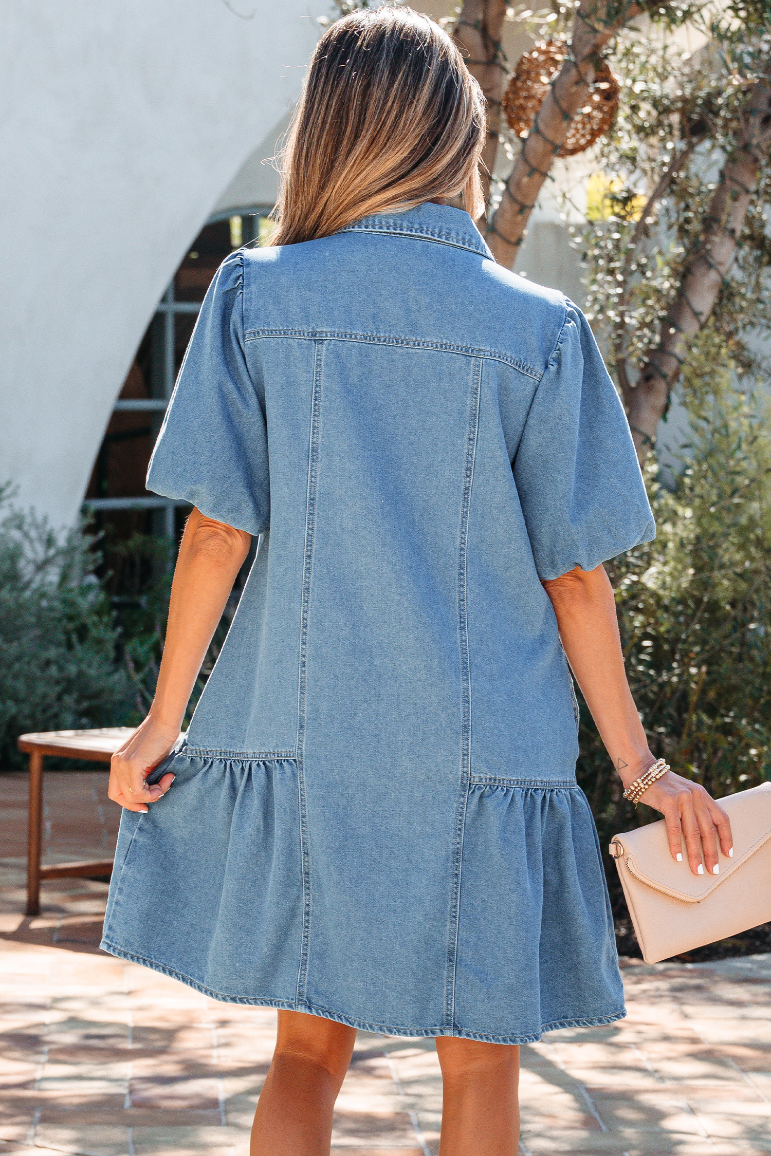 Beau Blue Button Down Short Puff Sleeve Ruffle Hem Patchwork Denim Dress view 5