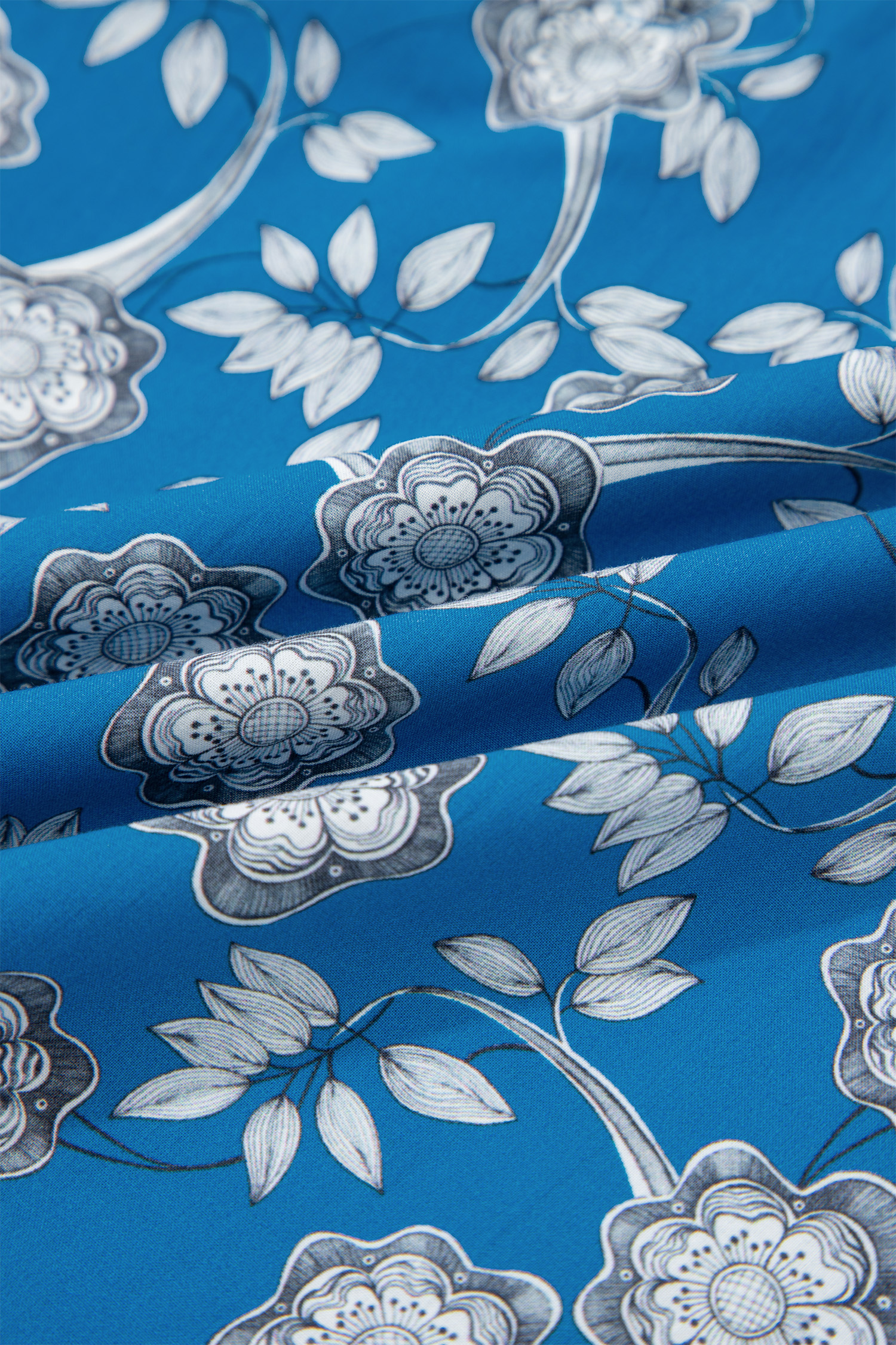 Blue Floral Print Button Tie Neck Striped Detail Short Sleeve Blouse