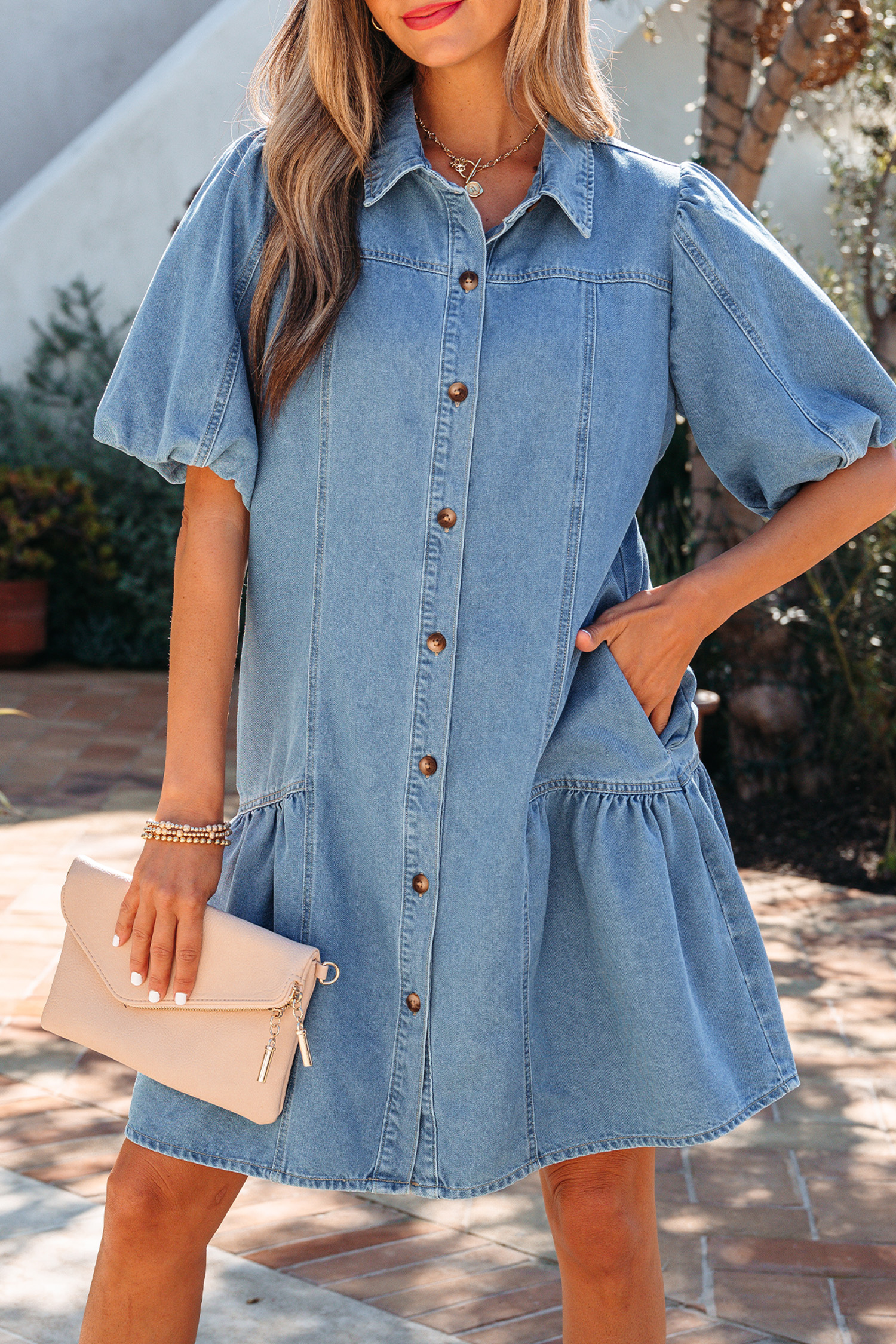 Beau Blue Button Down Short Puff Sleeve Ruffle Hem Patchwork Denim Dress view 6