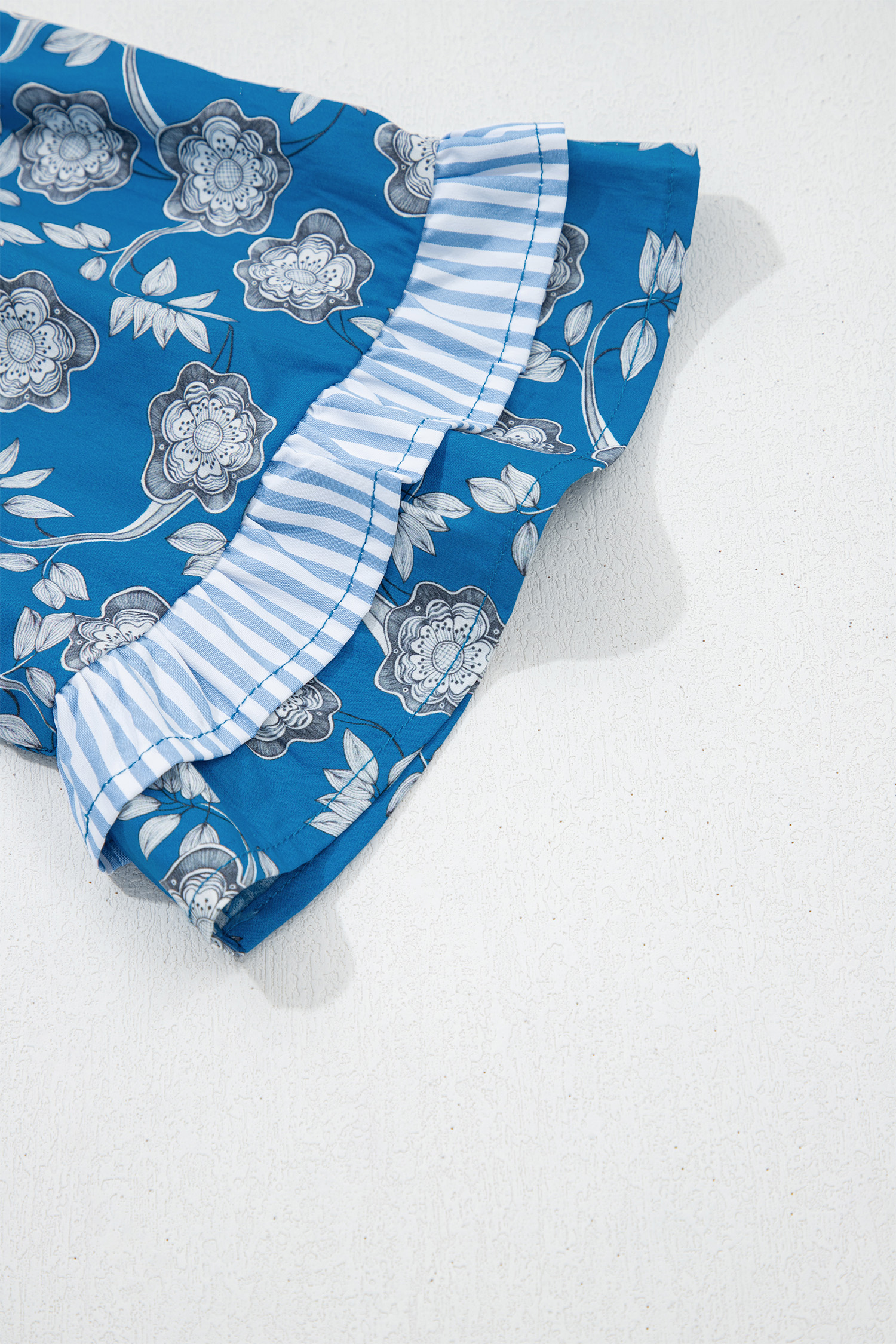 Blue Floral Print Button Tie Neck Striped Detail Short Sleeve Blouse