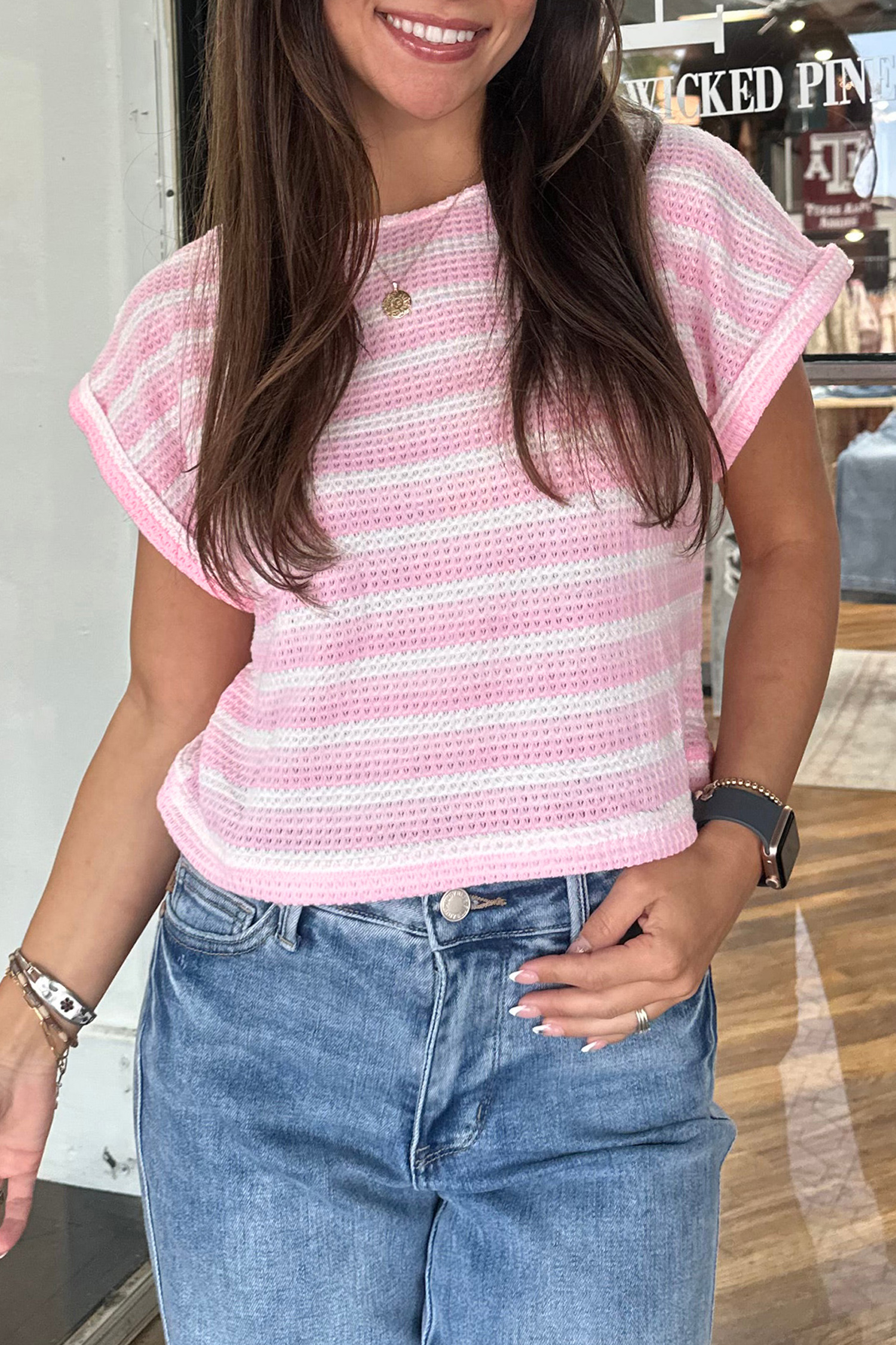 Pink Striped Print Waffle Knit T Shirt view 9