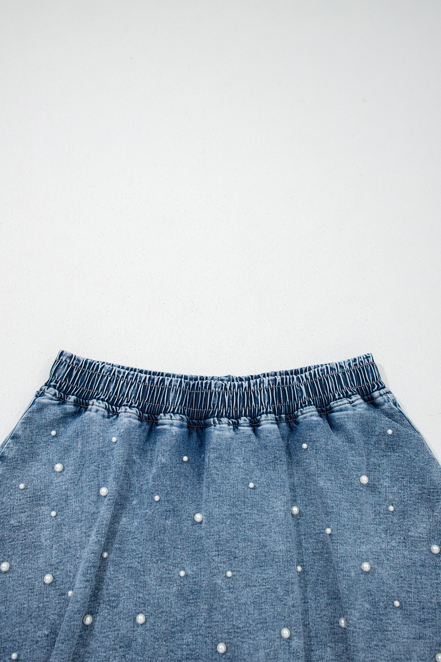 Ashleigh Blue Denim Pearl Embellished Elastic Waist Mini Skort