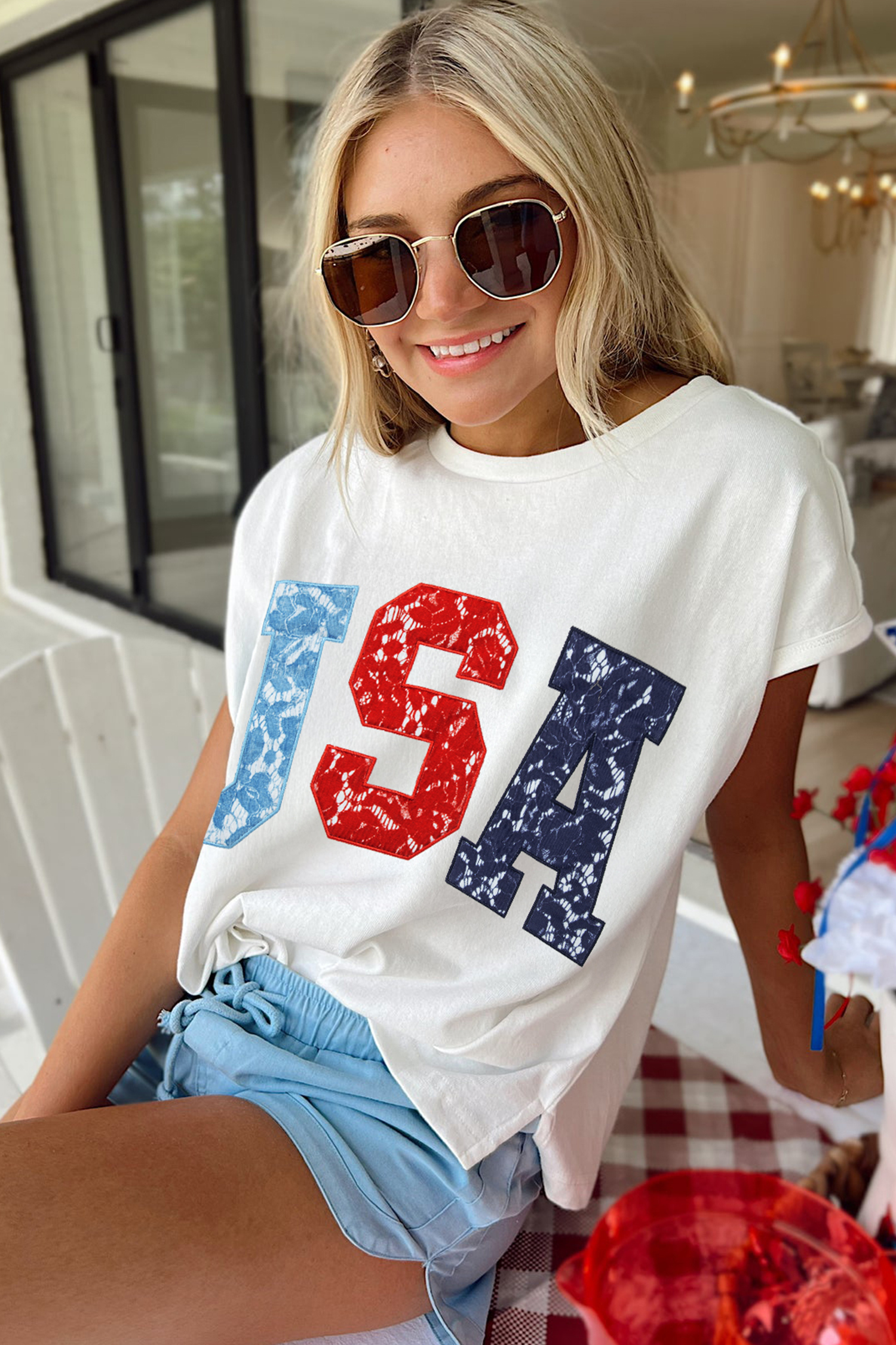 White USA Color Block Letter Printed Dolman Tee view 2