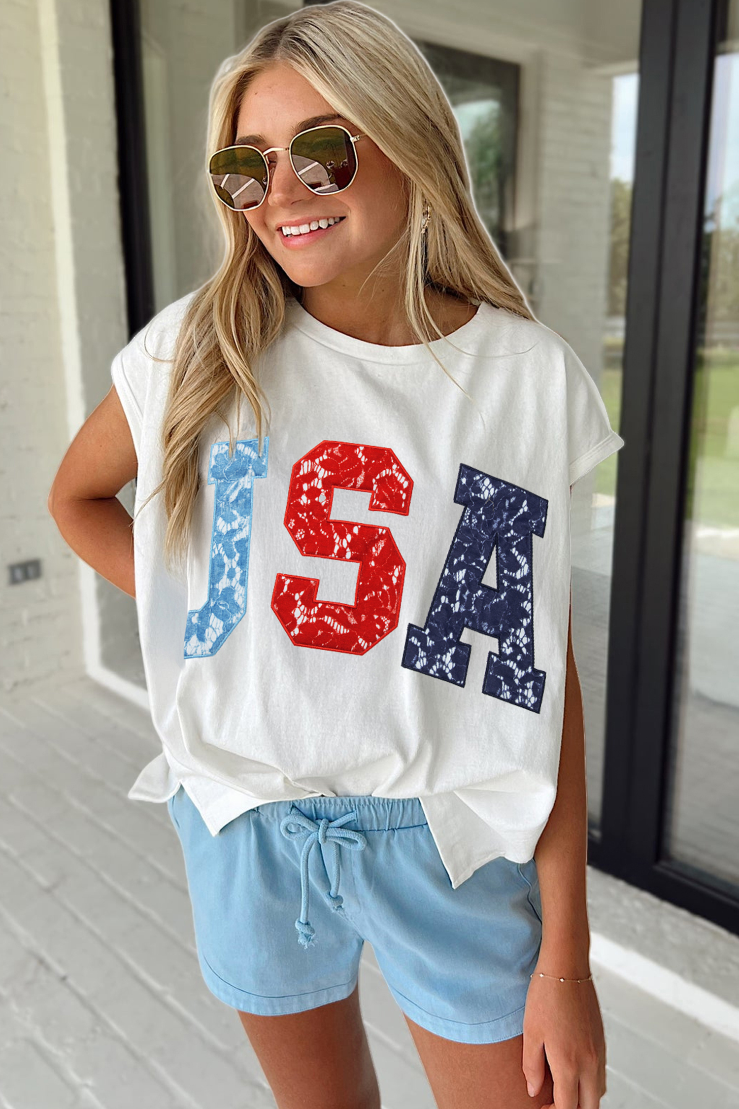 White USA Color Block Letter Printed Dolman Tee view 4