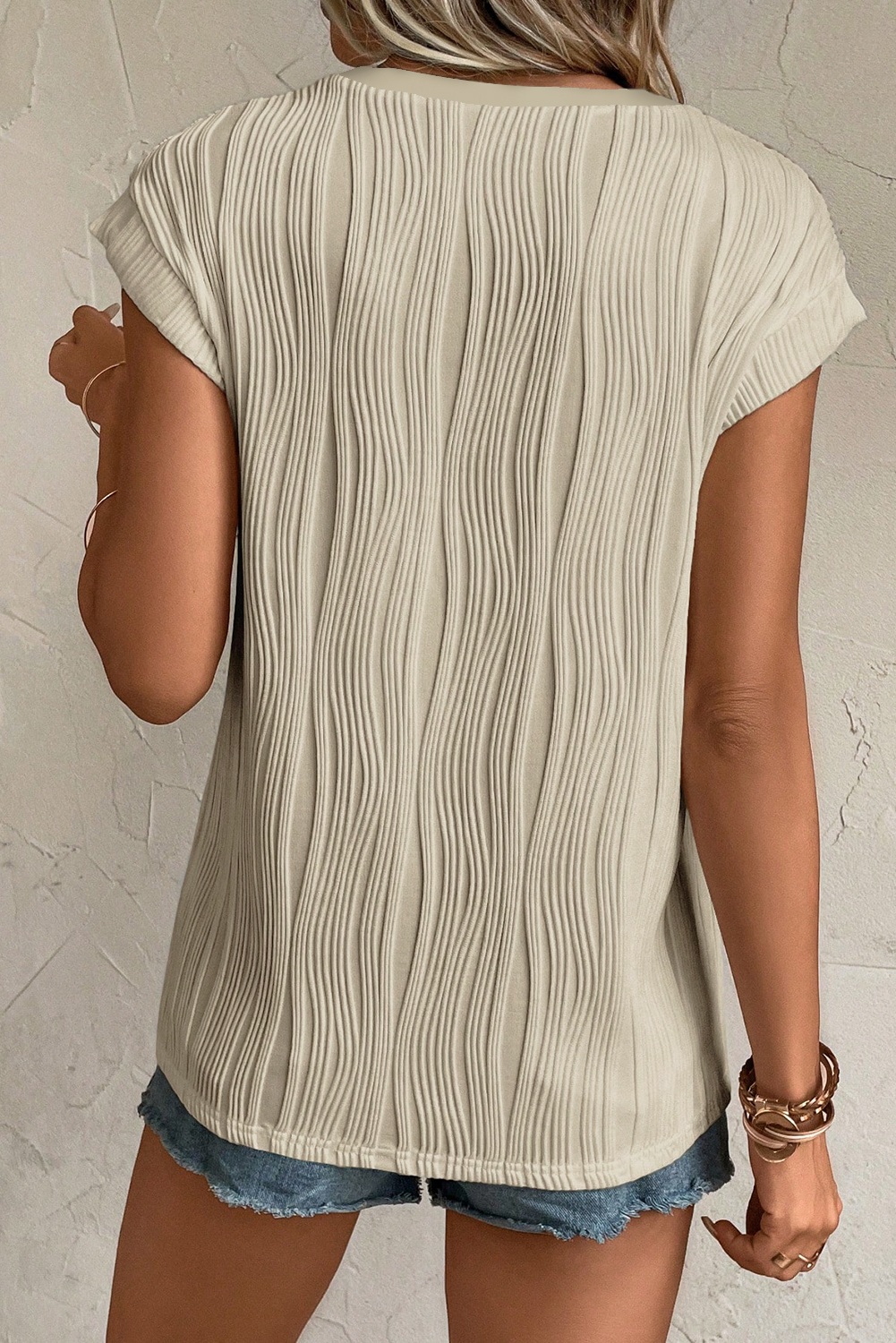 Apricot Wavy Textured Button V Neck Tee view 2