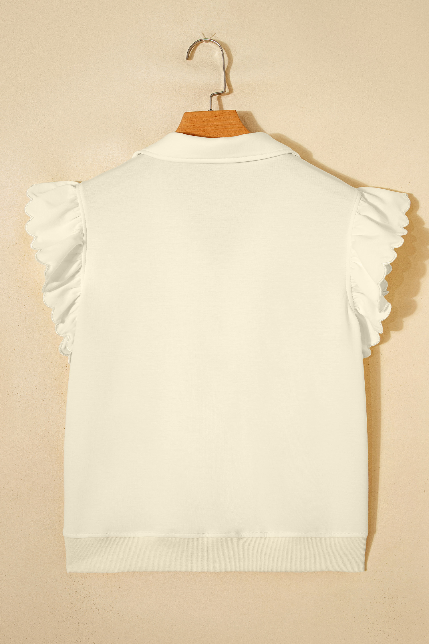 Beige Zipped up Collared Ruffled Short Sleeve Blouse view 6