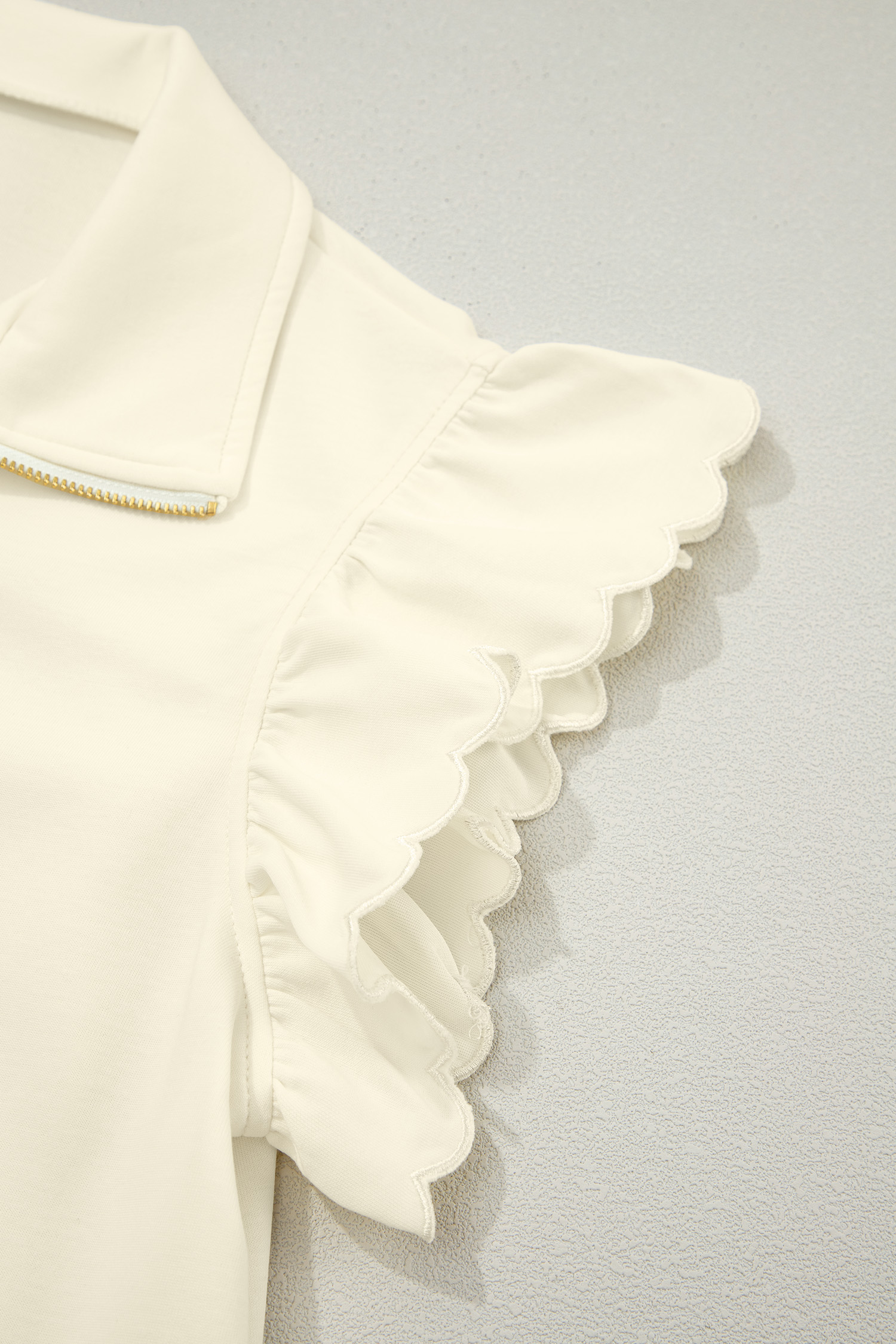 Beige Zipped up Collared Ruffled Short Sleeve Blouse view 10