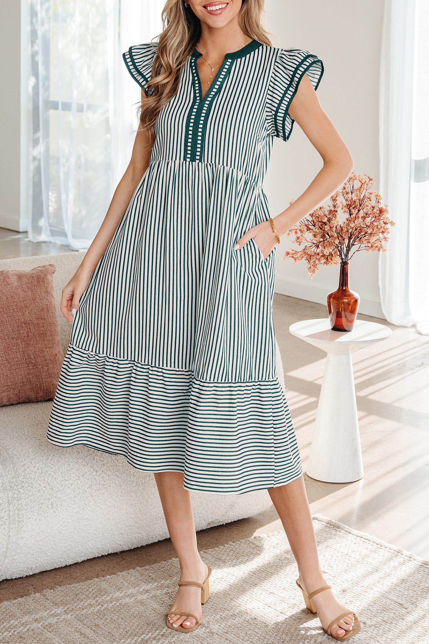 Green Stripe Double Ruffled Short Sleeve Contrast Trim V Neck Midi Dress view 5