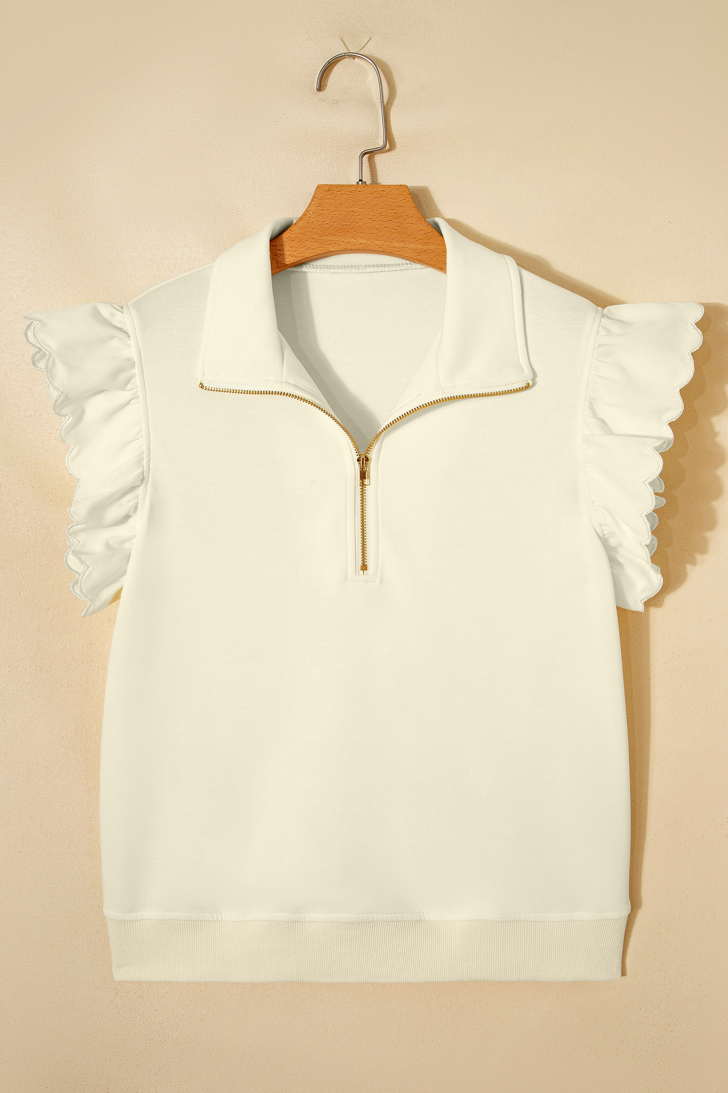 Beige Zipped up Collared Ruffled Short Sleeve Blouse view 5