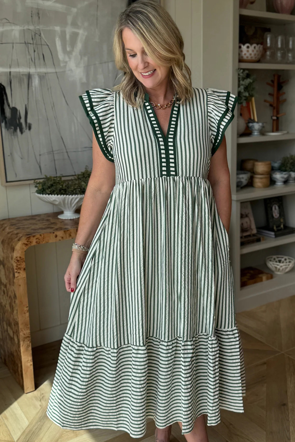 Green Stripe Double Ruffled Short Sleeve Contrast Trim V Neck Midi Dress view 10