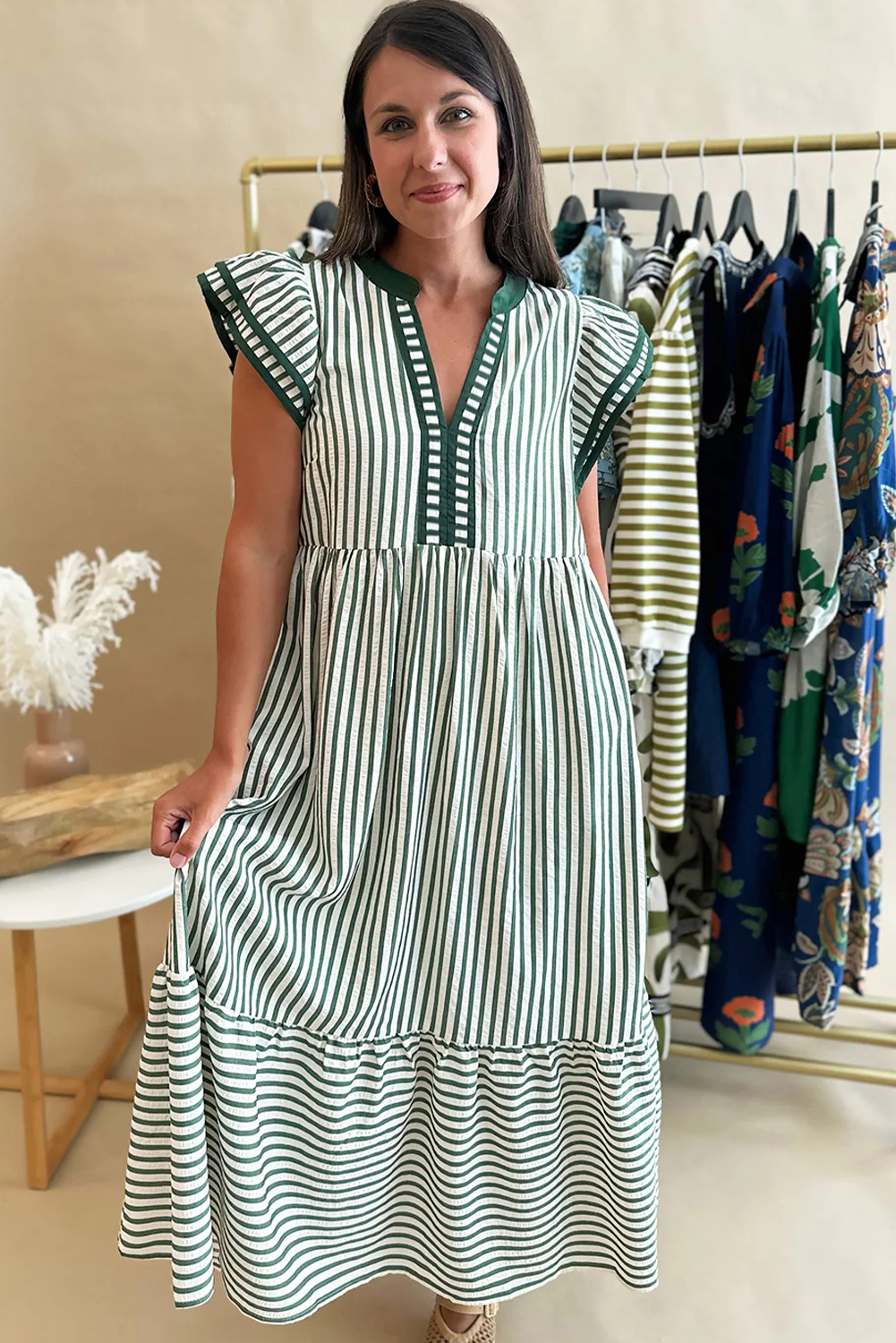 Green Stripe Double Ruffled Short Sleeve Contrast Trim V Neck Midi Dress view 11