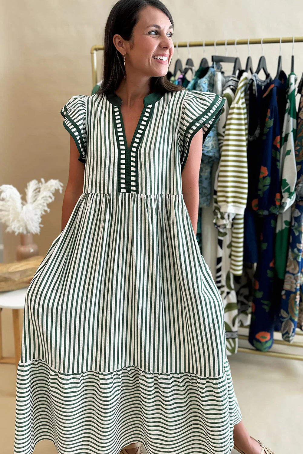 Green Stripe Double Ruffled Short Sleeve Contrast Trim V Neck Midi Dress view 8