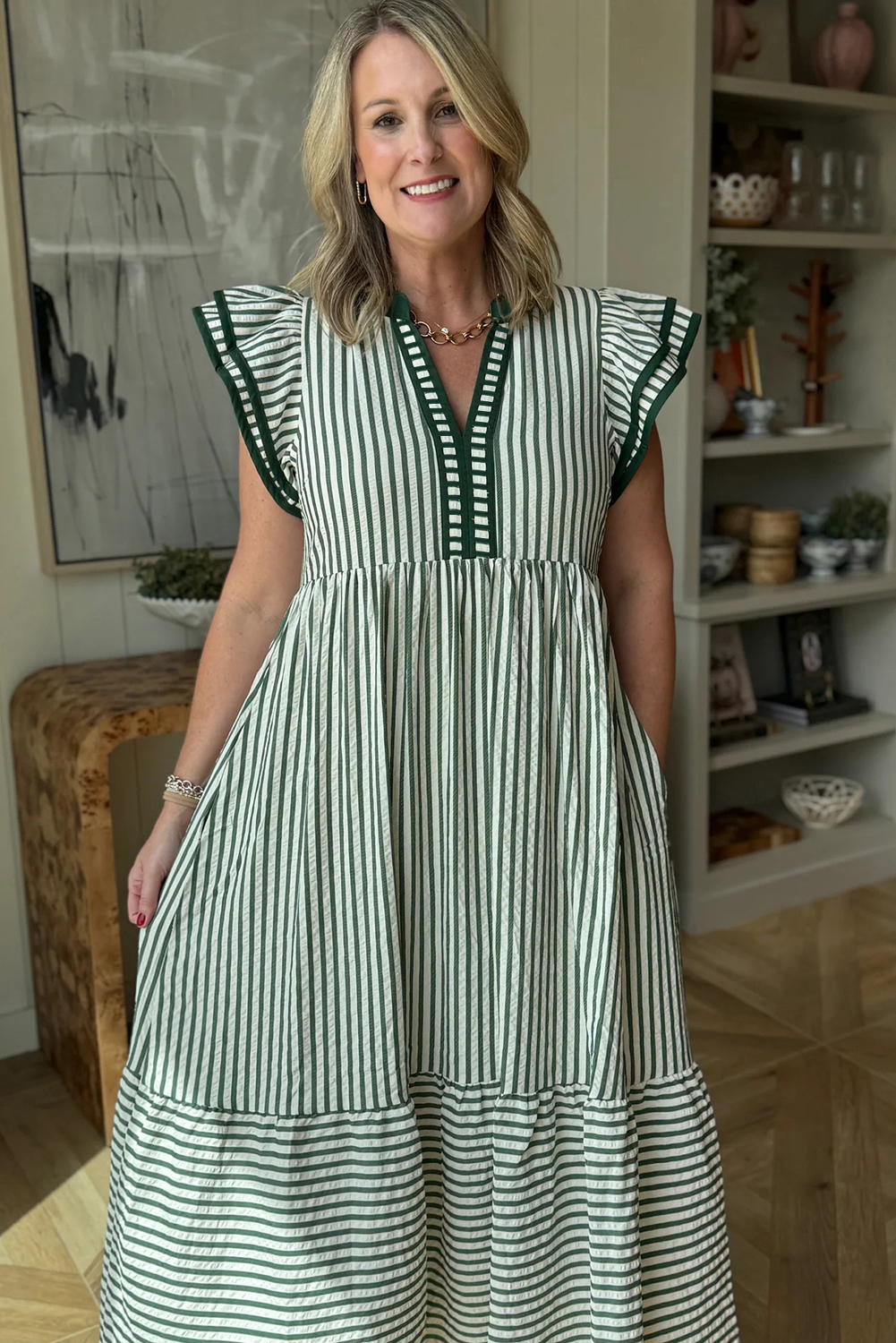 Green Stripe Double Ruffled Short Sleeve Contrast Trim V Neck Midi Dress view 9
