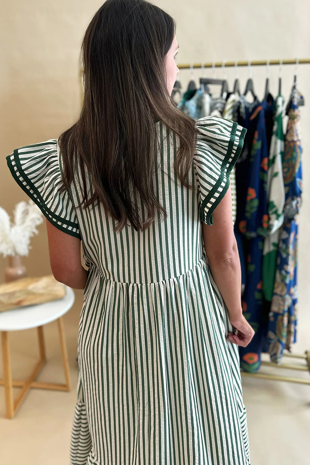 Green Stripe Double Ruffled Short Sleeve Contrast Trim V Neck Midi Dress view 7