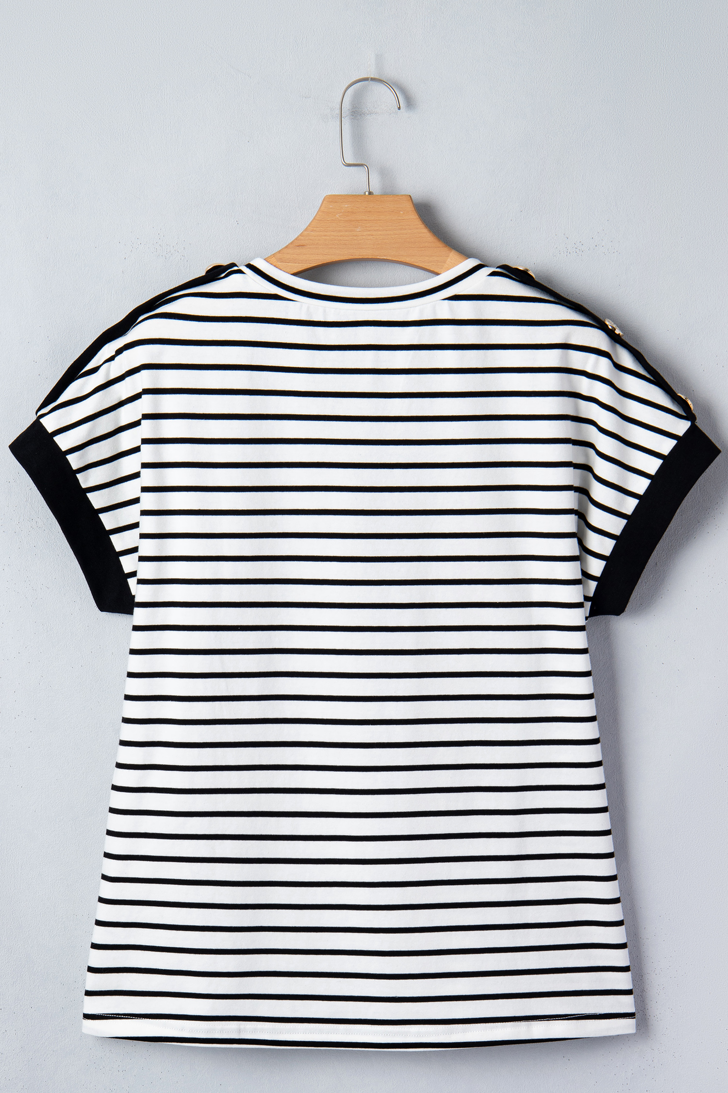Black Stripe Cuffed Sleeve Button Detail Loose Tee view 17