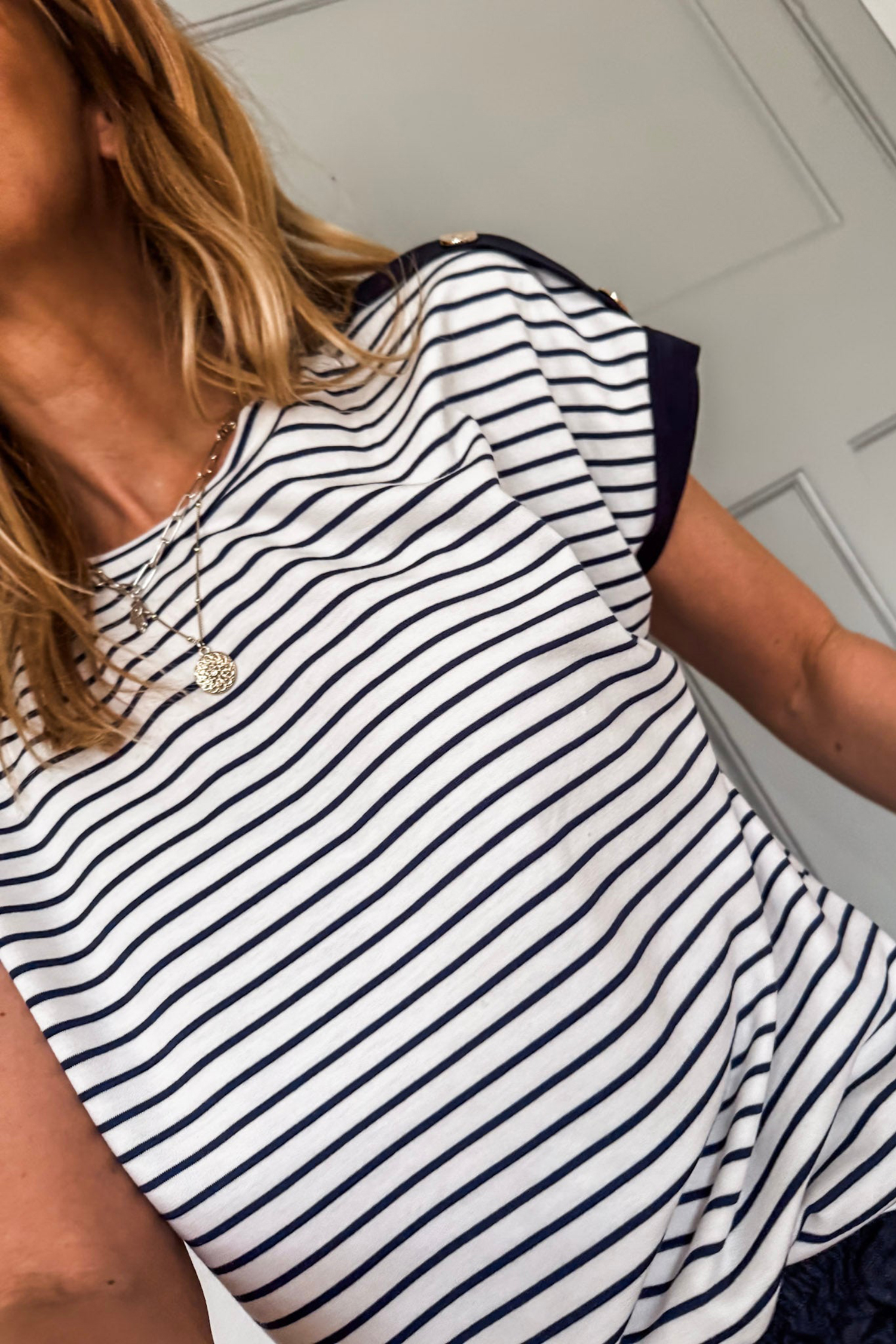 Black Stripe Cuffed Sleeve Button Detail Loose Tee view 13