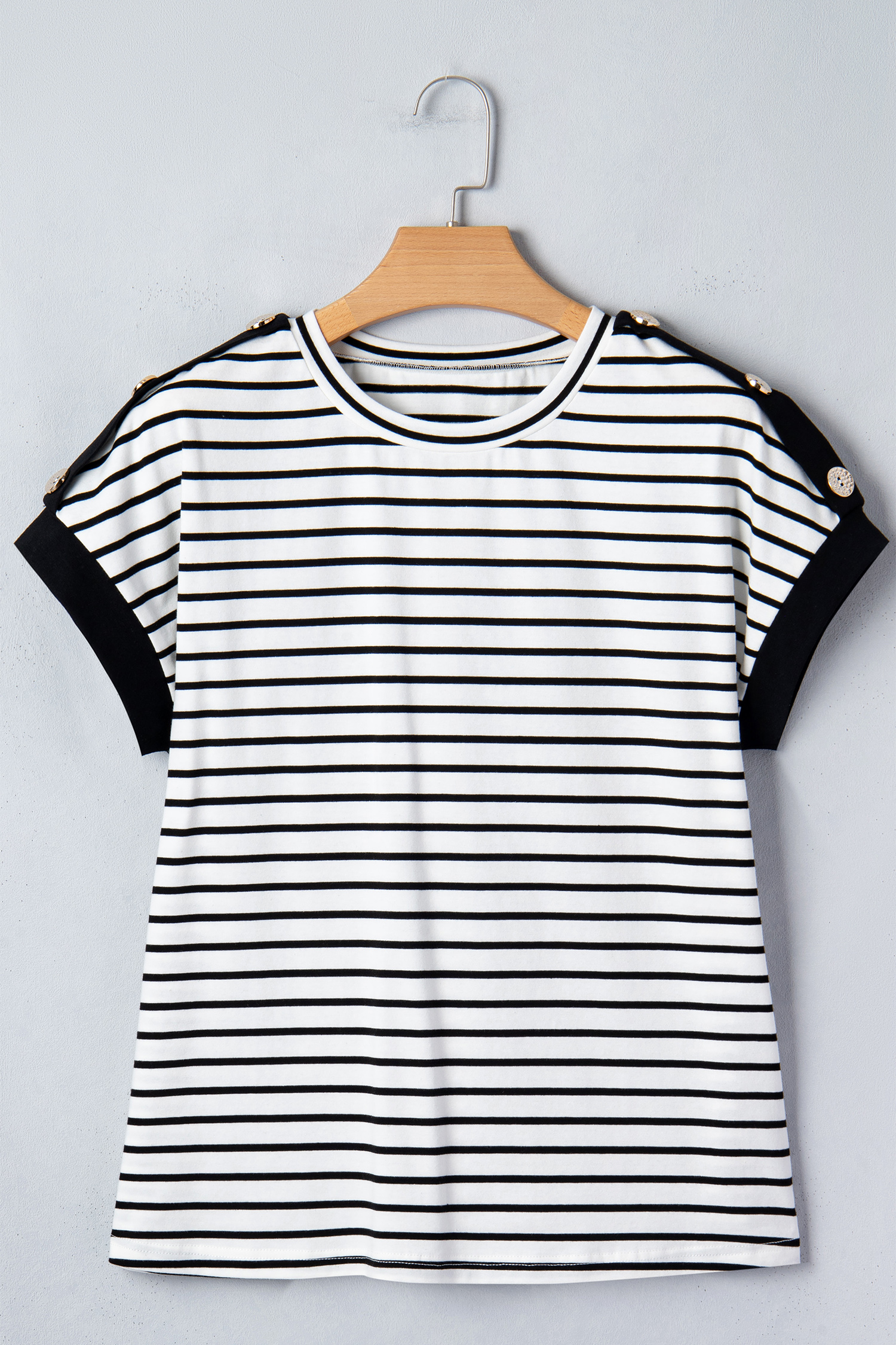 Black Stripe Cuffed Sleeve Button Detail Loose Tee view 16
