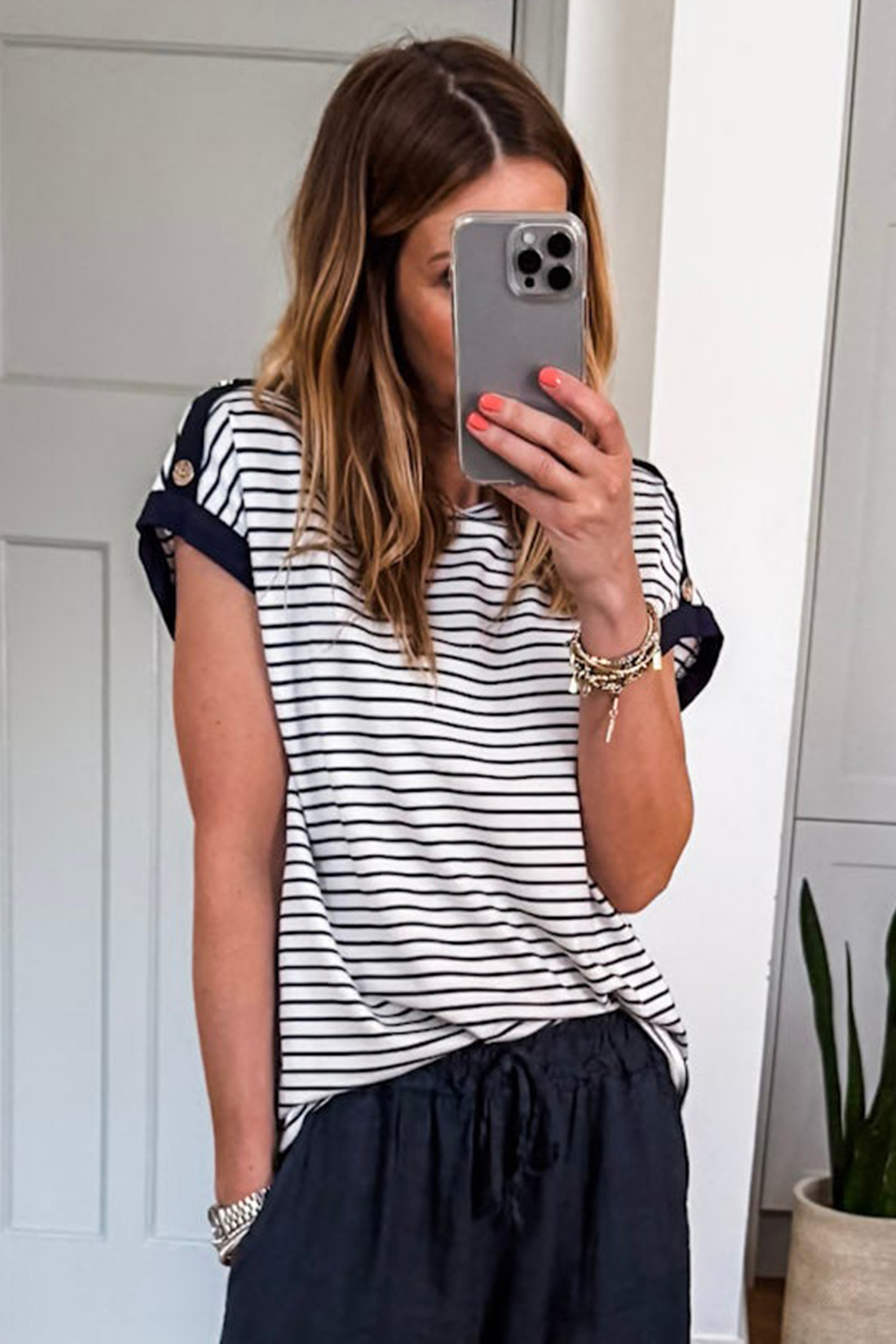 Black Stripe Cuffed Sleeve Button Detail Loose Tee view 14