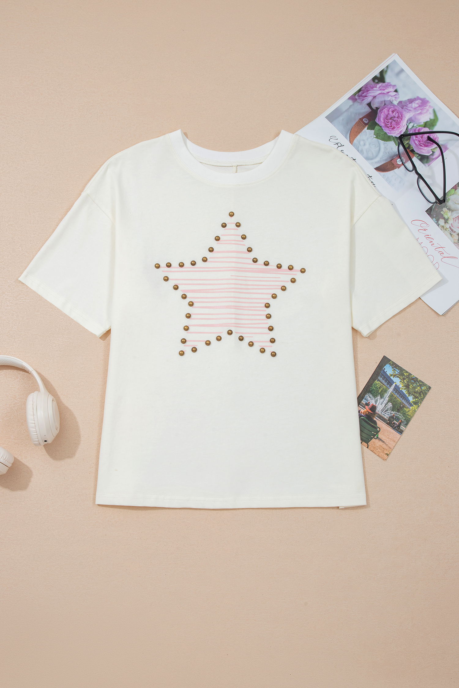 Beige Star Print Stud Detail Cotton Jersey Top view 13