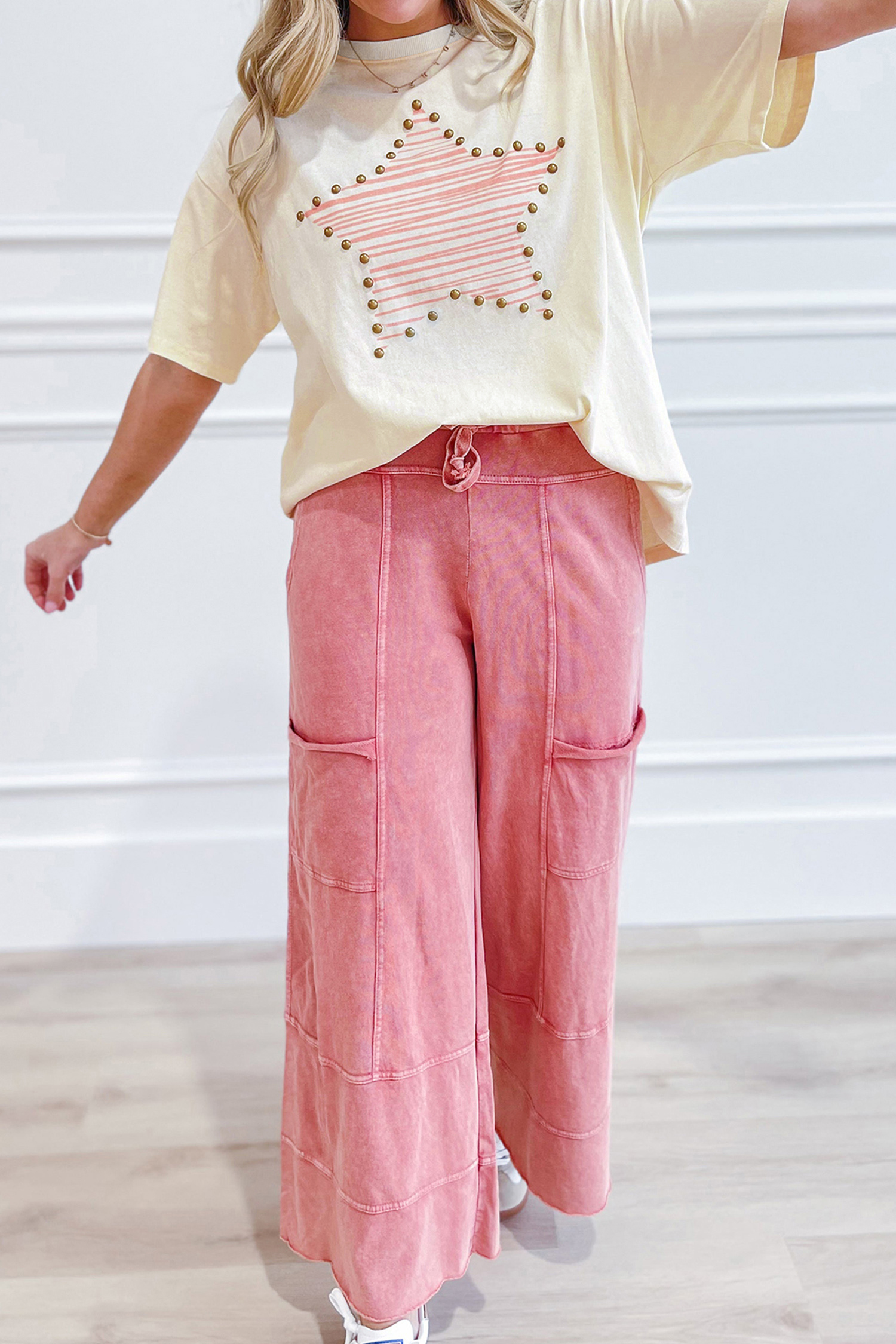 Beige Star Print Stud Detail Cotton Jersey Top view 12