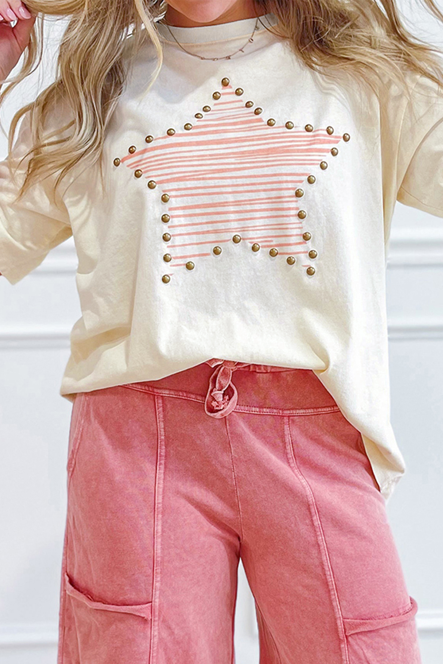 Beige Star Print Stud Detail Cotton Jersey Top view 3
