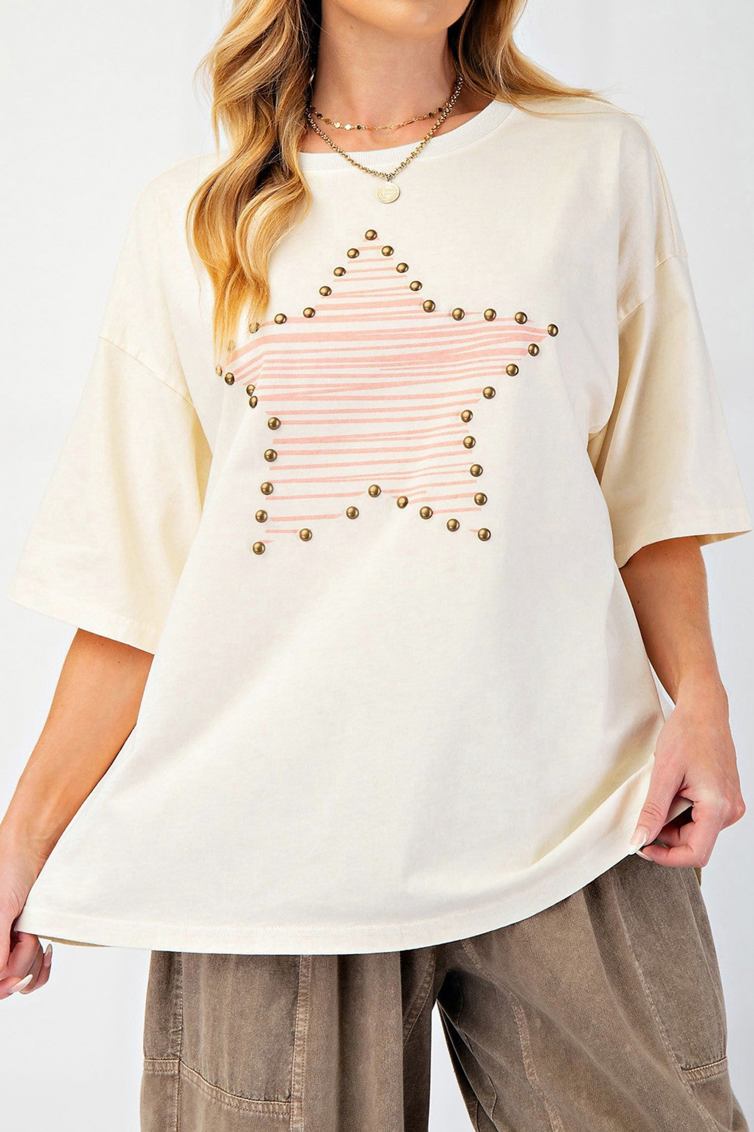 Beige Star Print Stud Detail Cotton Jersey Top view 11