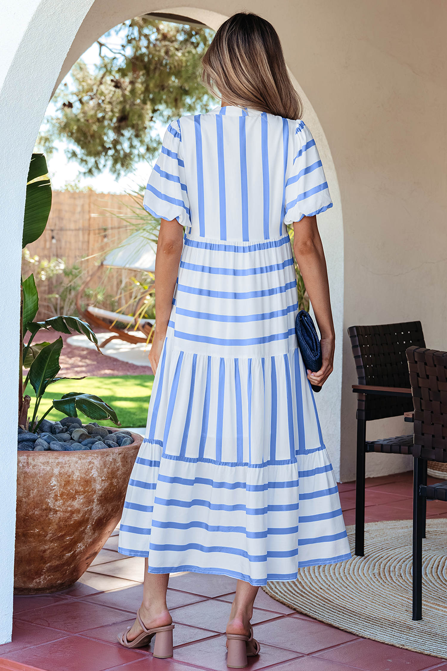 Sky Blue Stripe Ricrac Trim Notched Neck Half Sleeve Vacation Dress view 2