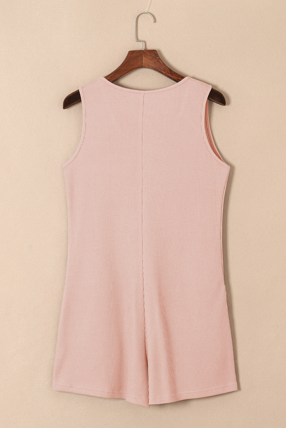 Light Pink Waffle Sleeveless U Neck Buttons Romper With Pockets view 12
