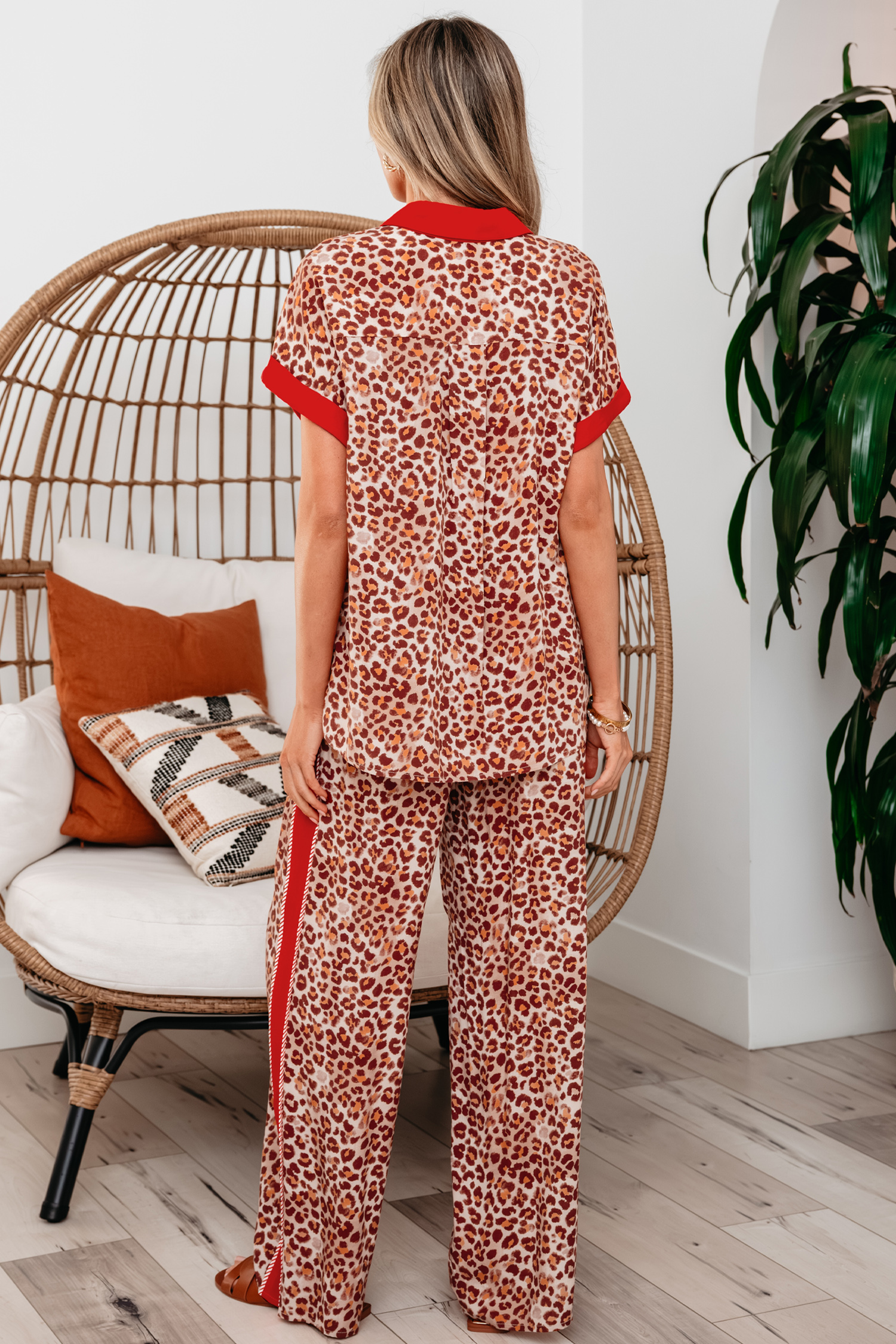 Brown Contrast Trim Leopard Top and Pant Set view 15