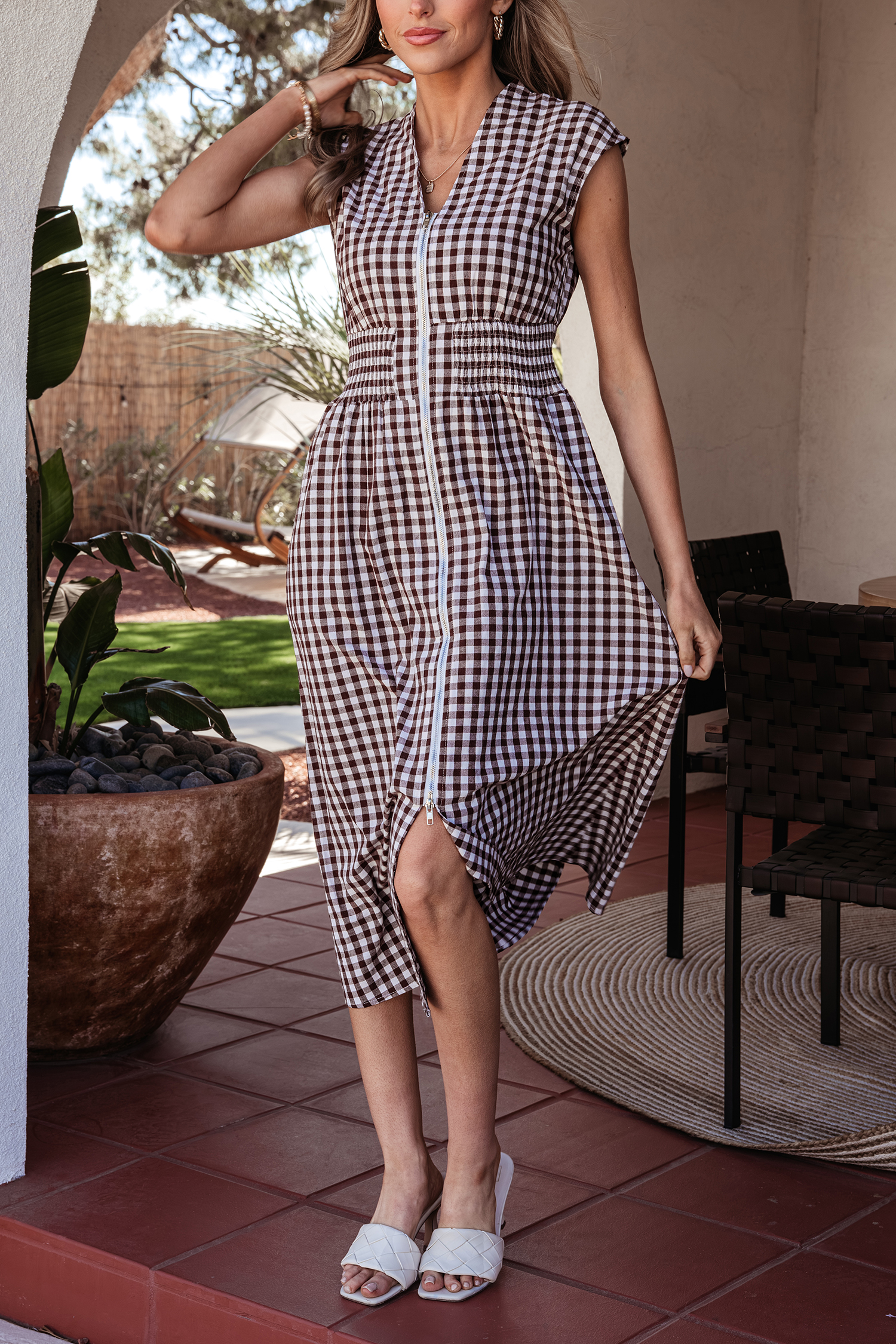 Coffee Plaid Print Full Zipper Cinched Waist Fit Flare Sleeveless Maxi Dress view 7