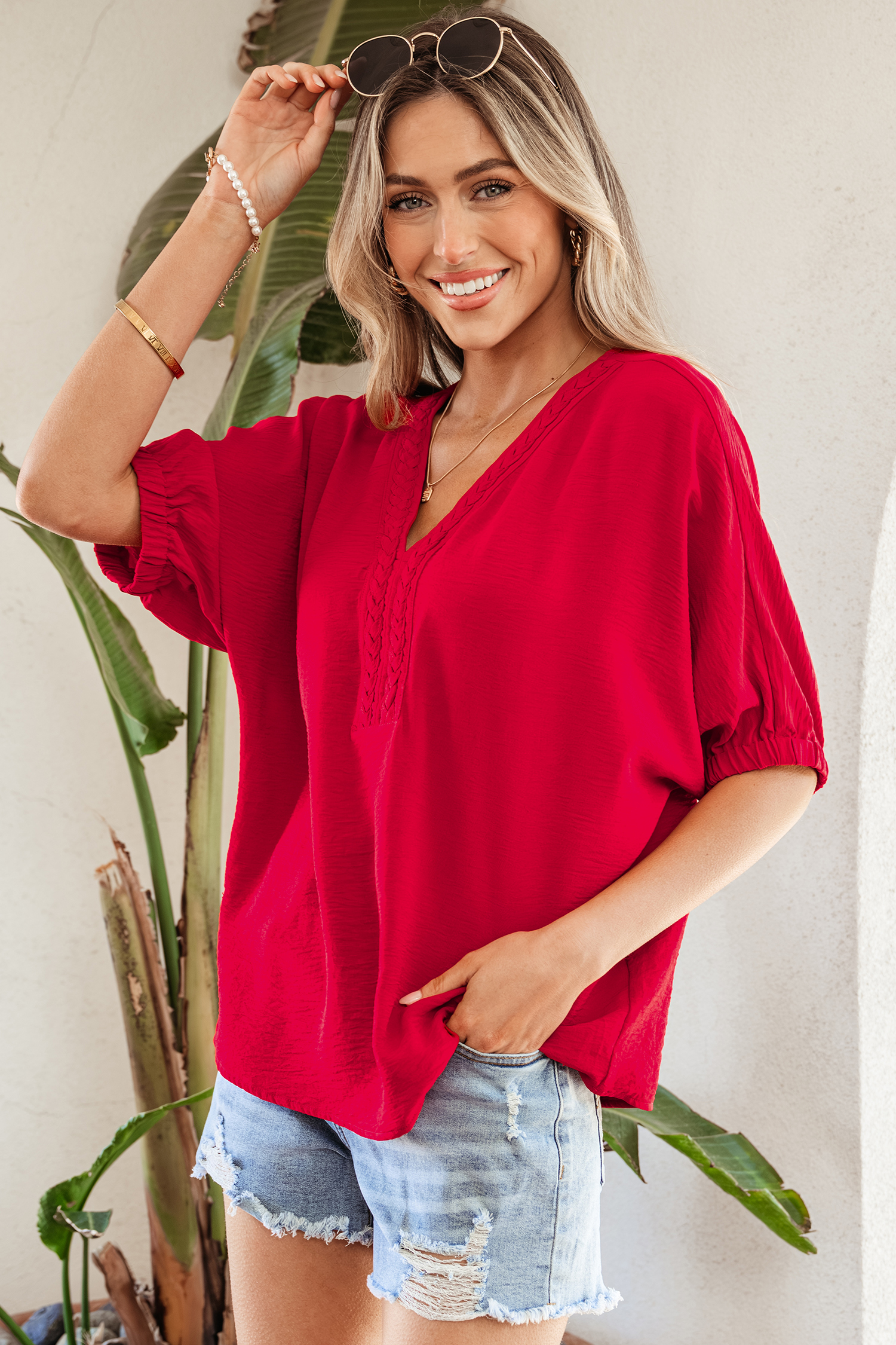 Racing Red Braided Trim V Neck Half Sleeve Blouse view 4