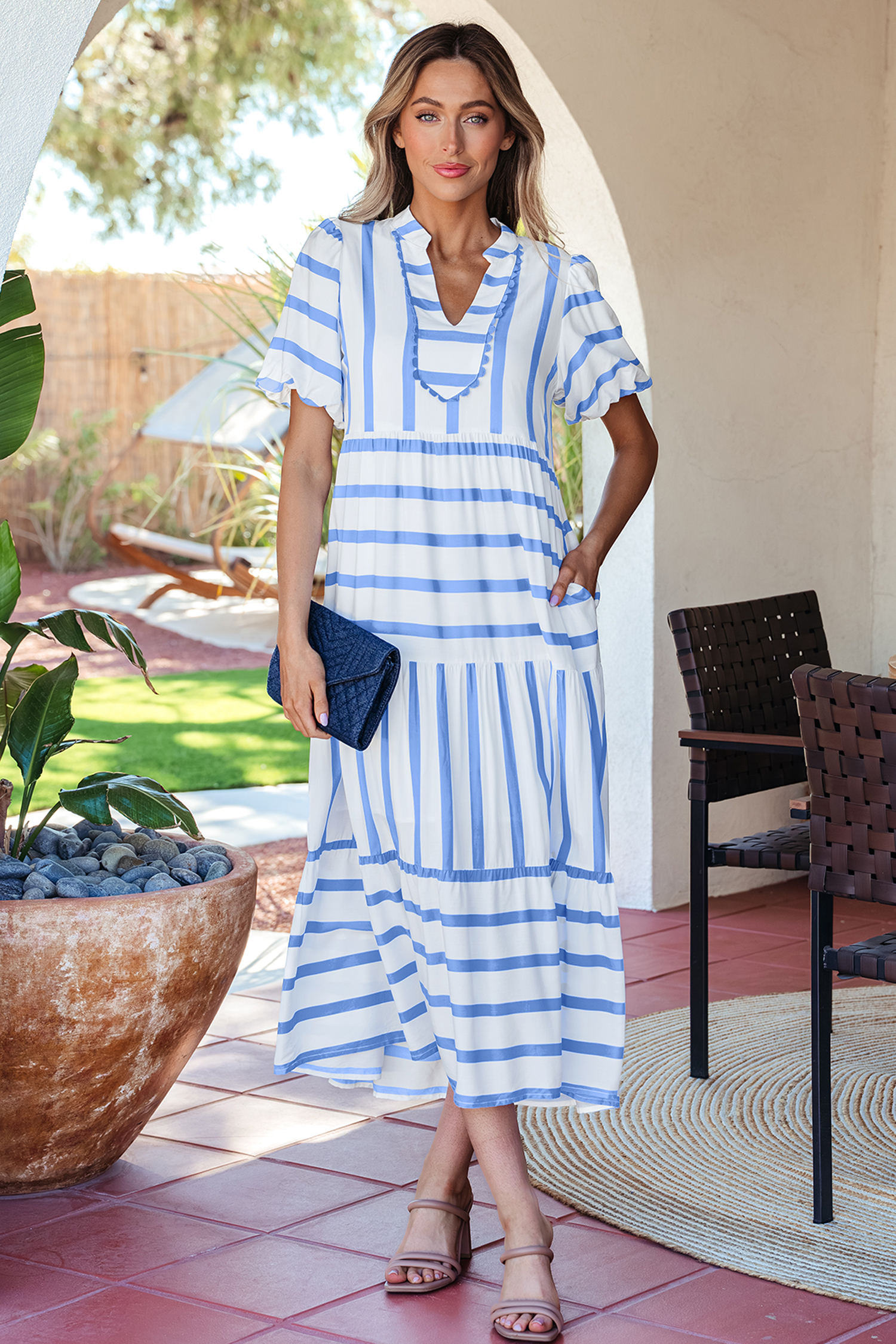Sky Blue Stripe Ricrac Trim Notched Neck Half Sleeve Vacation Dress view 4