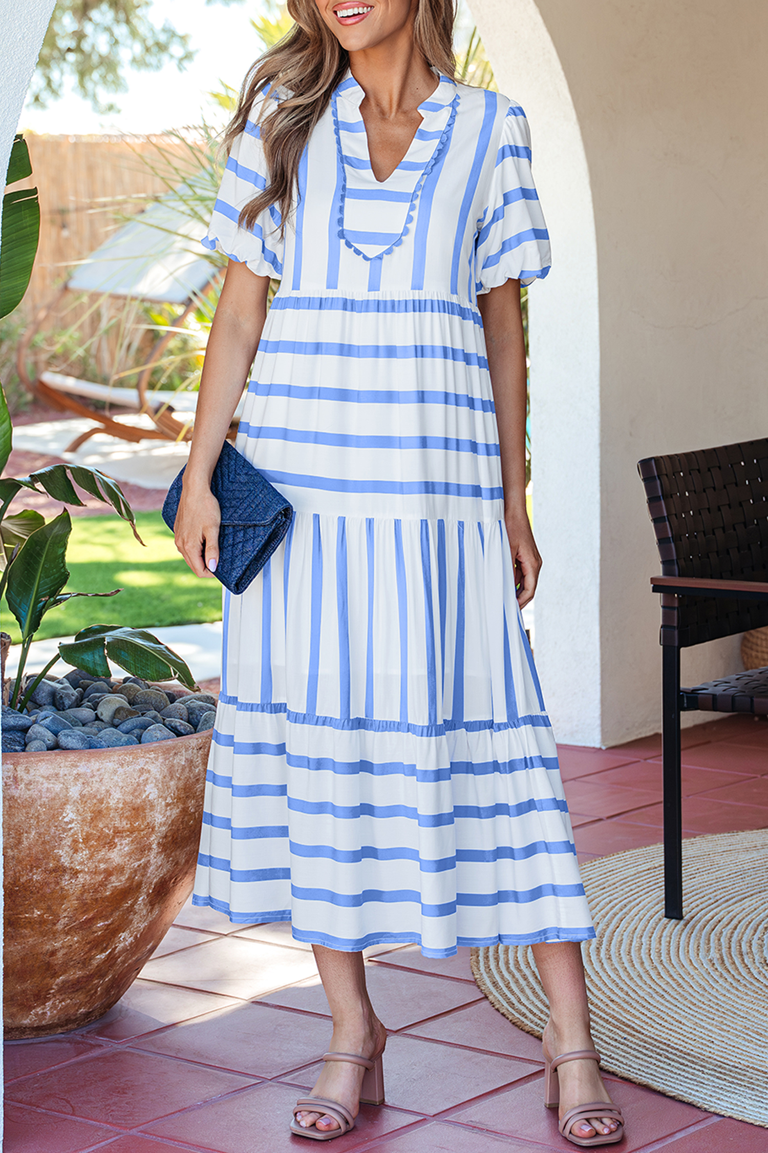 Sky Blue Stripe Ricrac Trim Notched Neck Half Sleeve Vacation Dress view 7