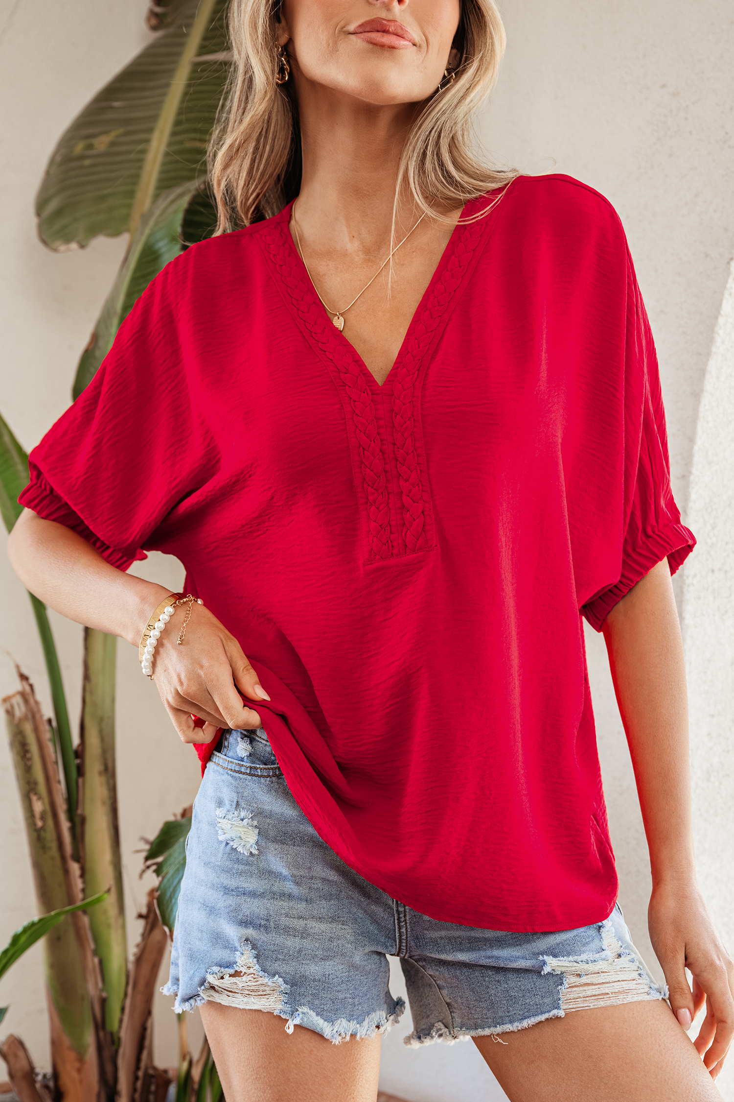 Racing Red Braided Trim V Neck Half Sleeve Blouse view 8