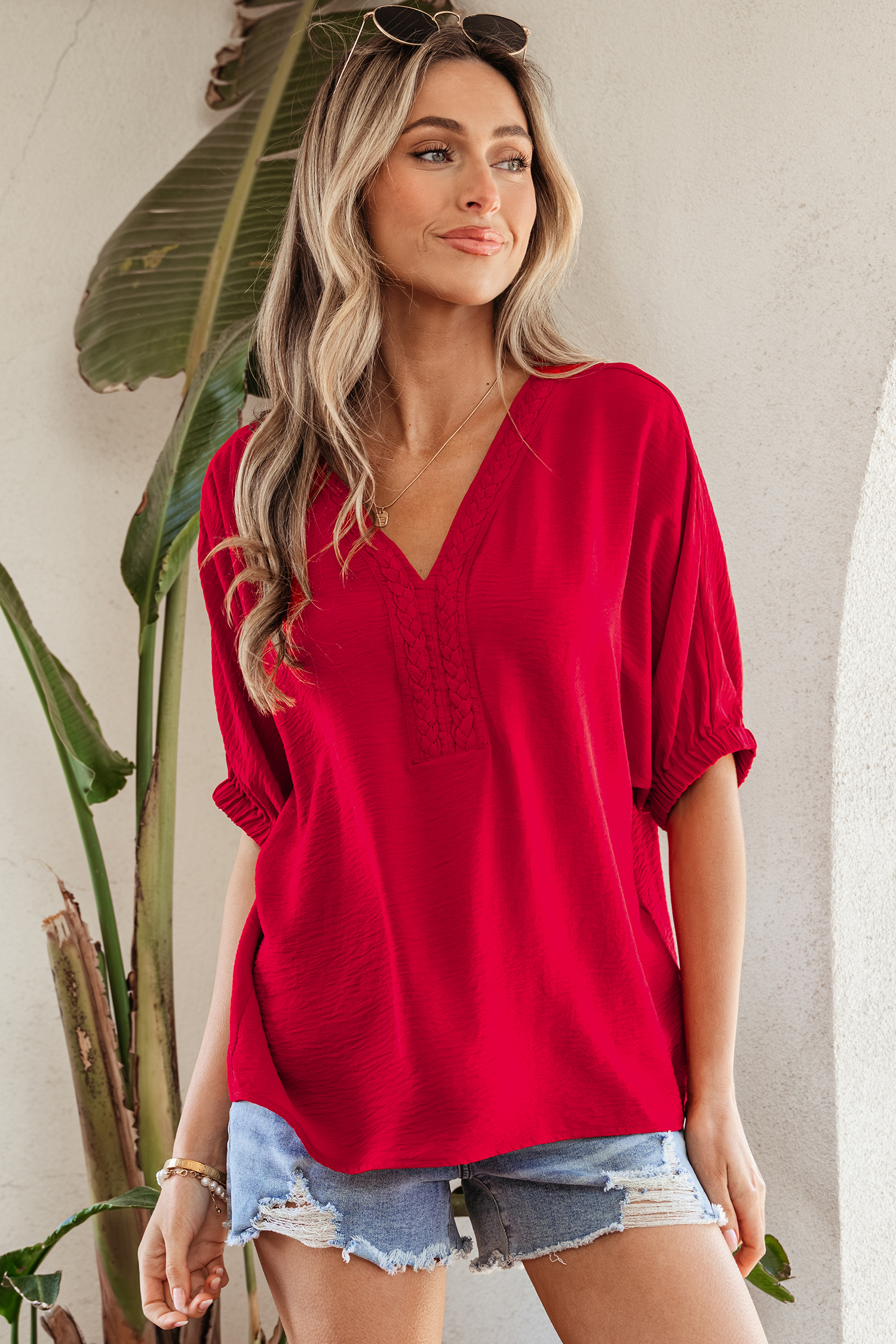 Racing Red Braided Trim V Neck Half Sleeve Blouse view 5