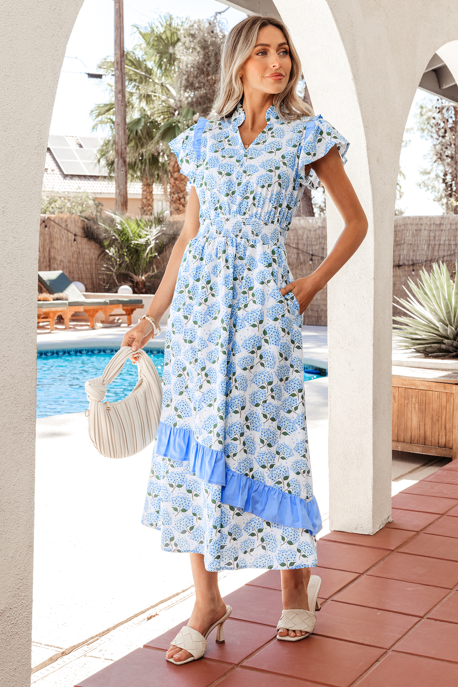 Sky Blue Hydrangea Floral Print Ruffle Trim Flutter Sleeve Long Dress view 4