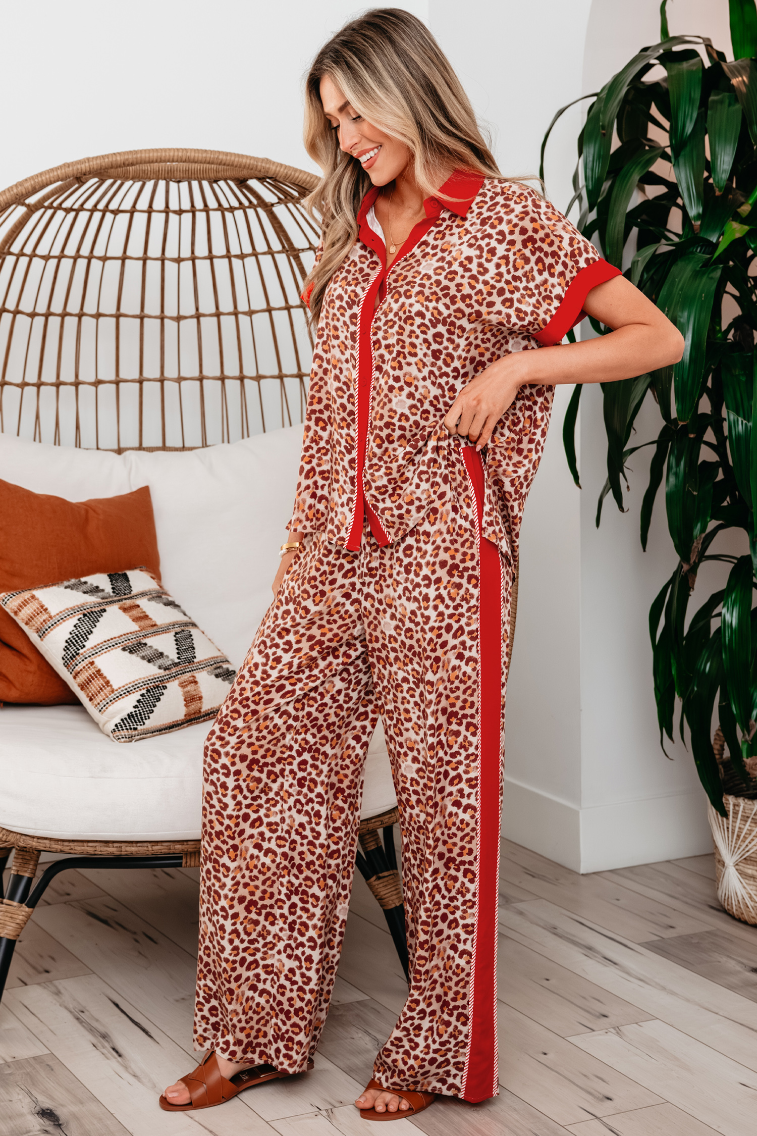 Brown Contrast Trim Leopard Top and Pant Set view 16