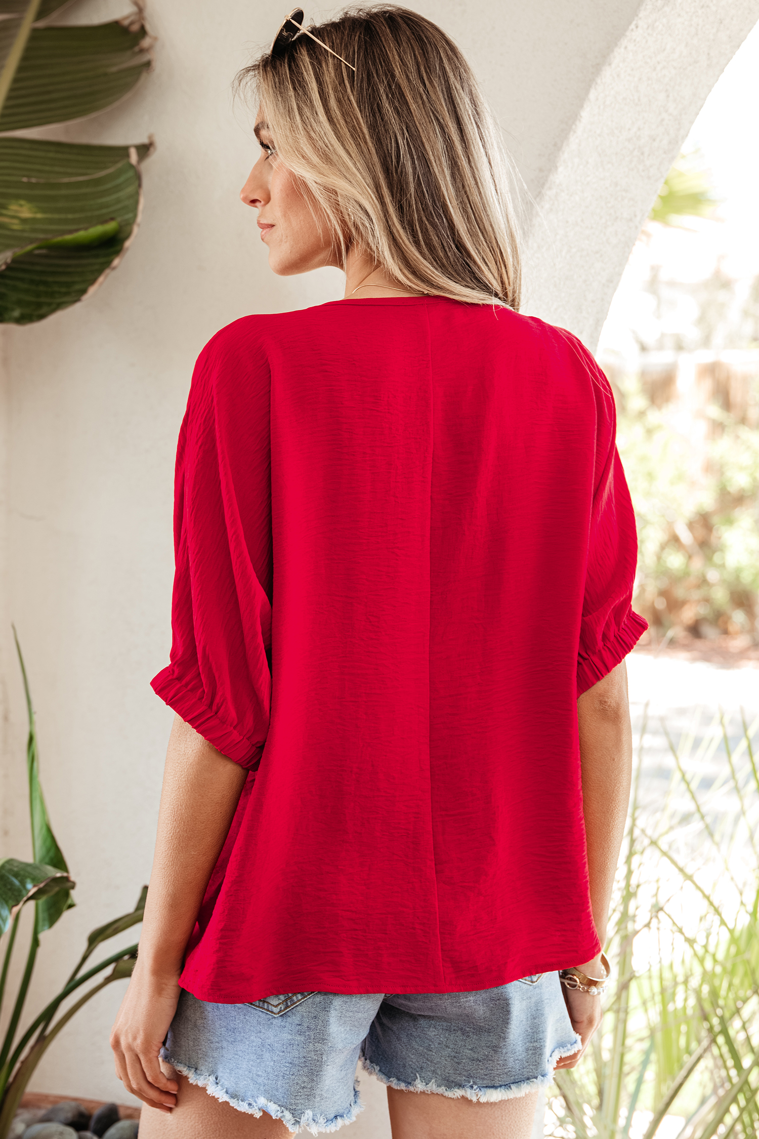 Racing Red Braided Trim V Neck Half Sleeve Blouse view 2
