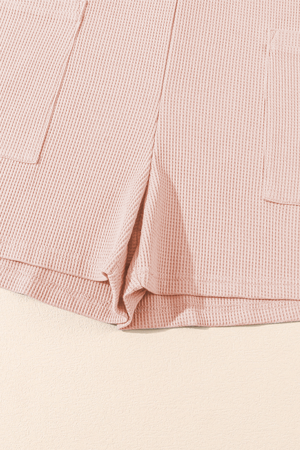 Light Pink Waffle Sleeveless U Neck Buttons Romper With Pockets view 17