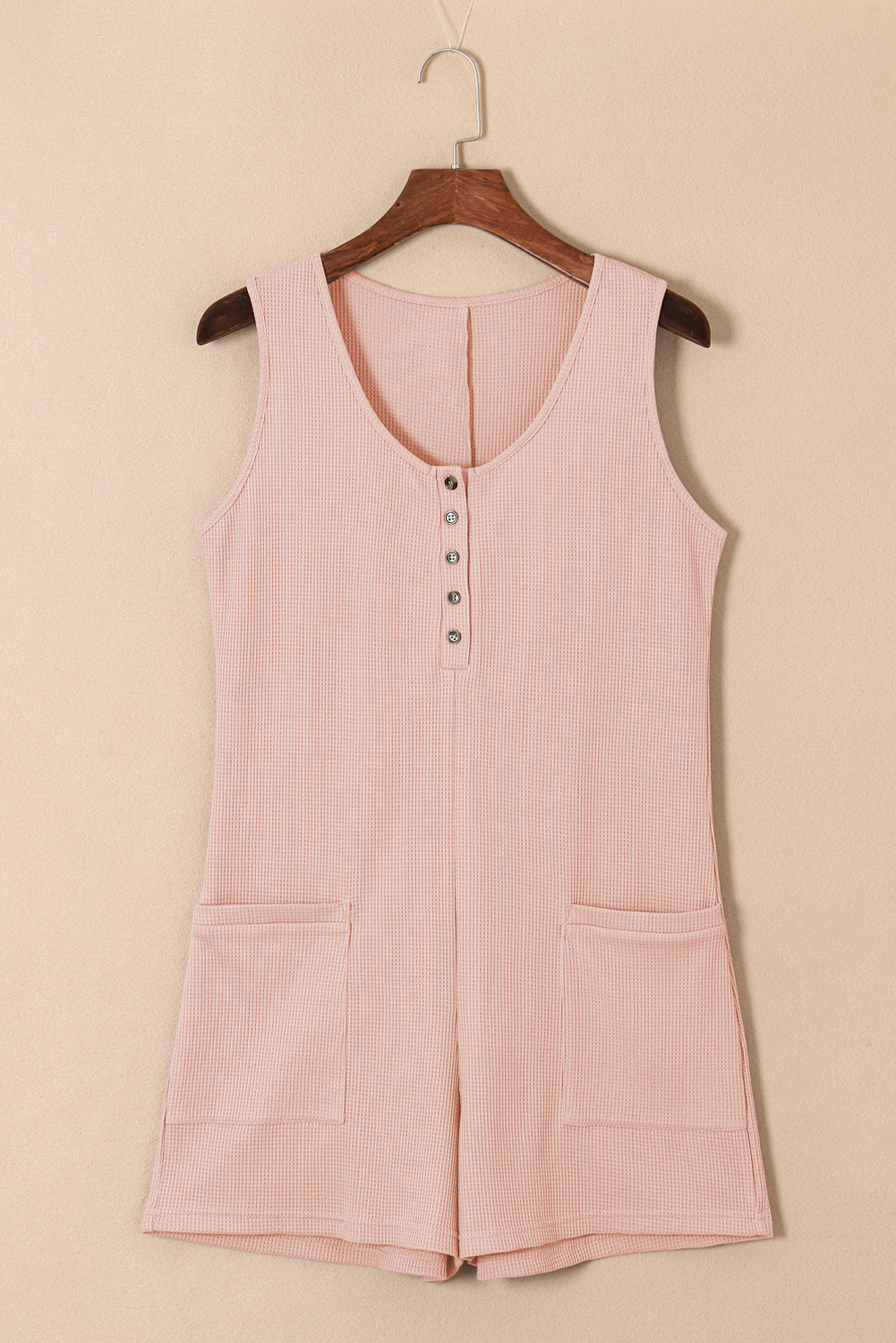 Light Pink Waffle Sleeveless U Neck Buttons Romper With Pockets view 11