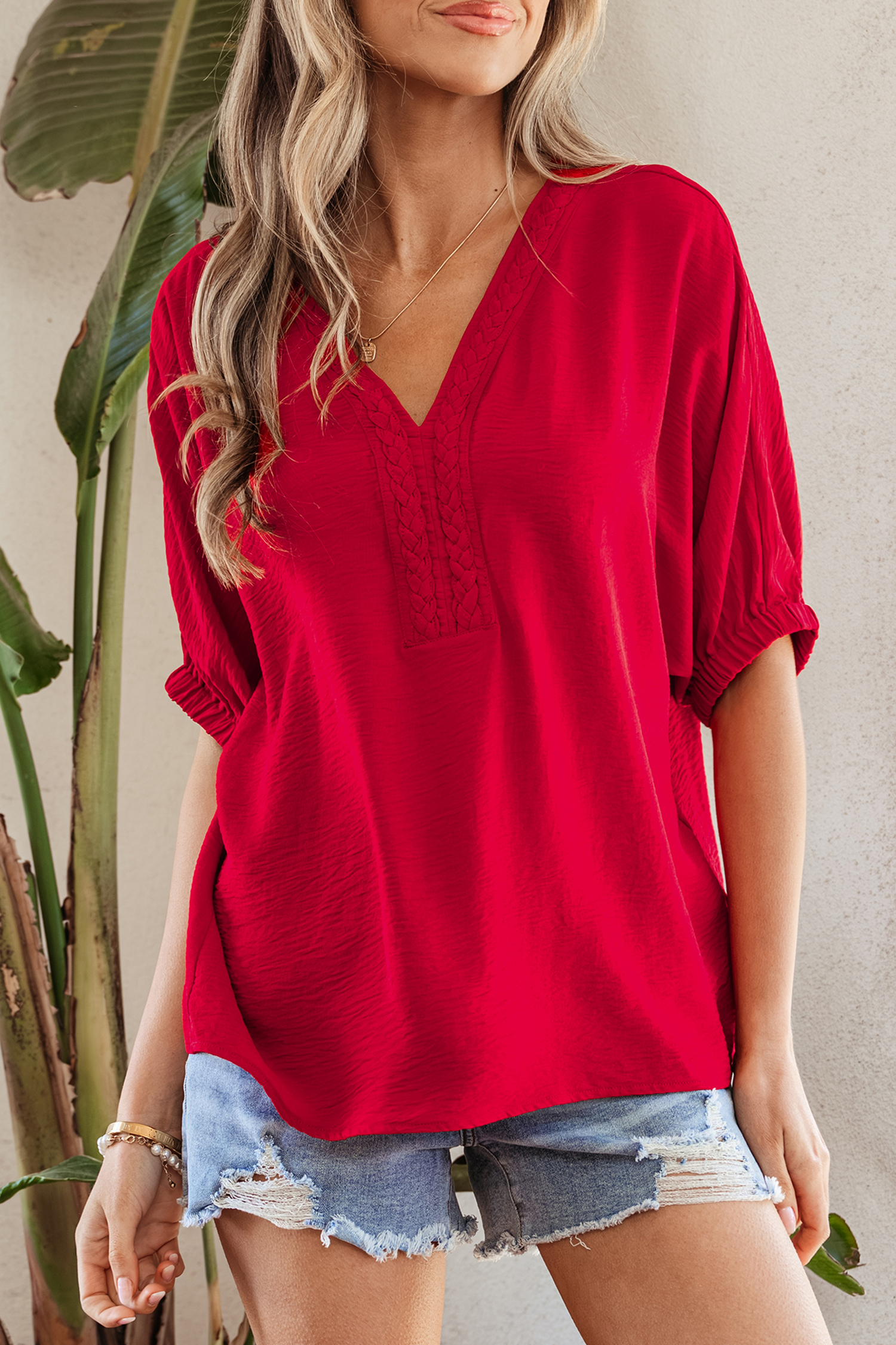 Racing Red Braided Trim V Neck Half Sleeve Blouse view 6