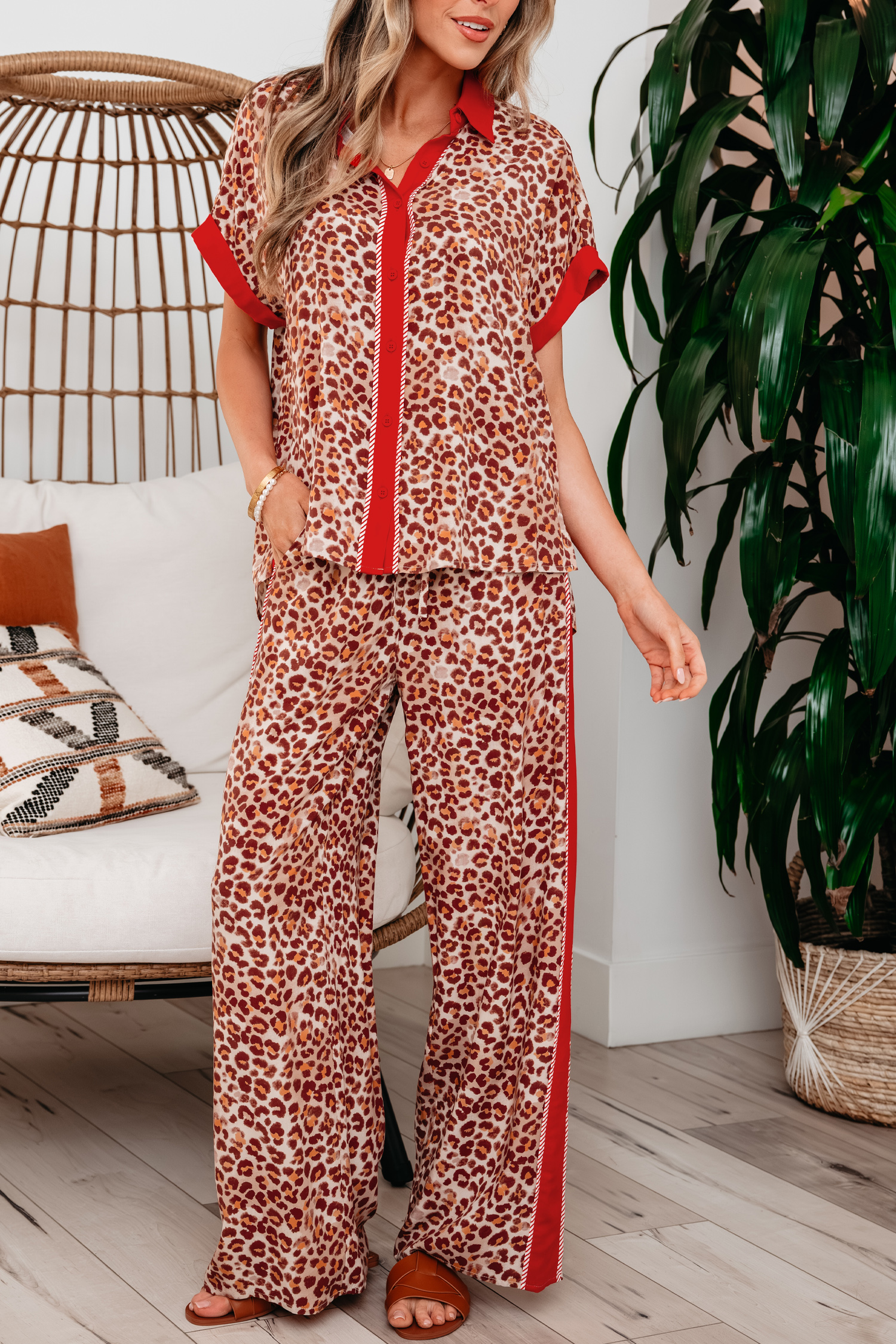 Brown Contrast Trim Leopard Top and Pant Set view 19