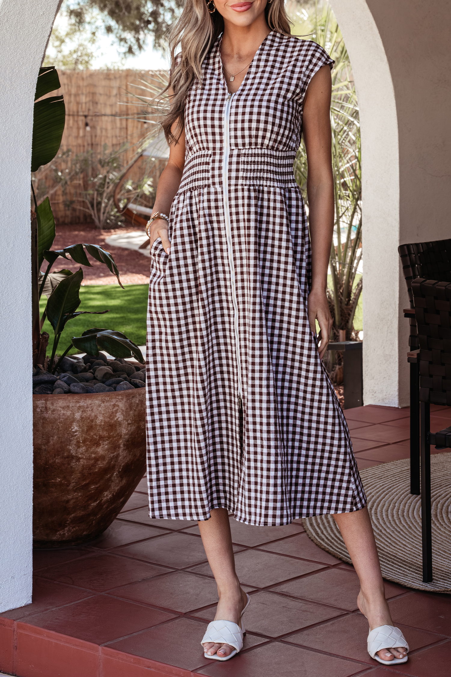 Coffee Plaid Print Full Zipper Cinched Waist Fit Flare Sleeveless Maxi Dress view 6