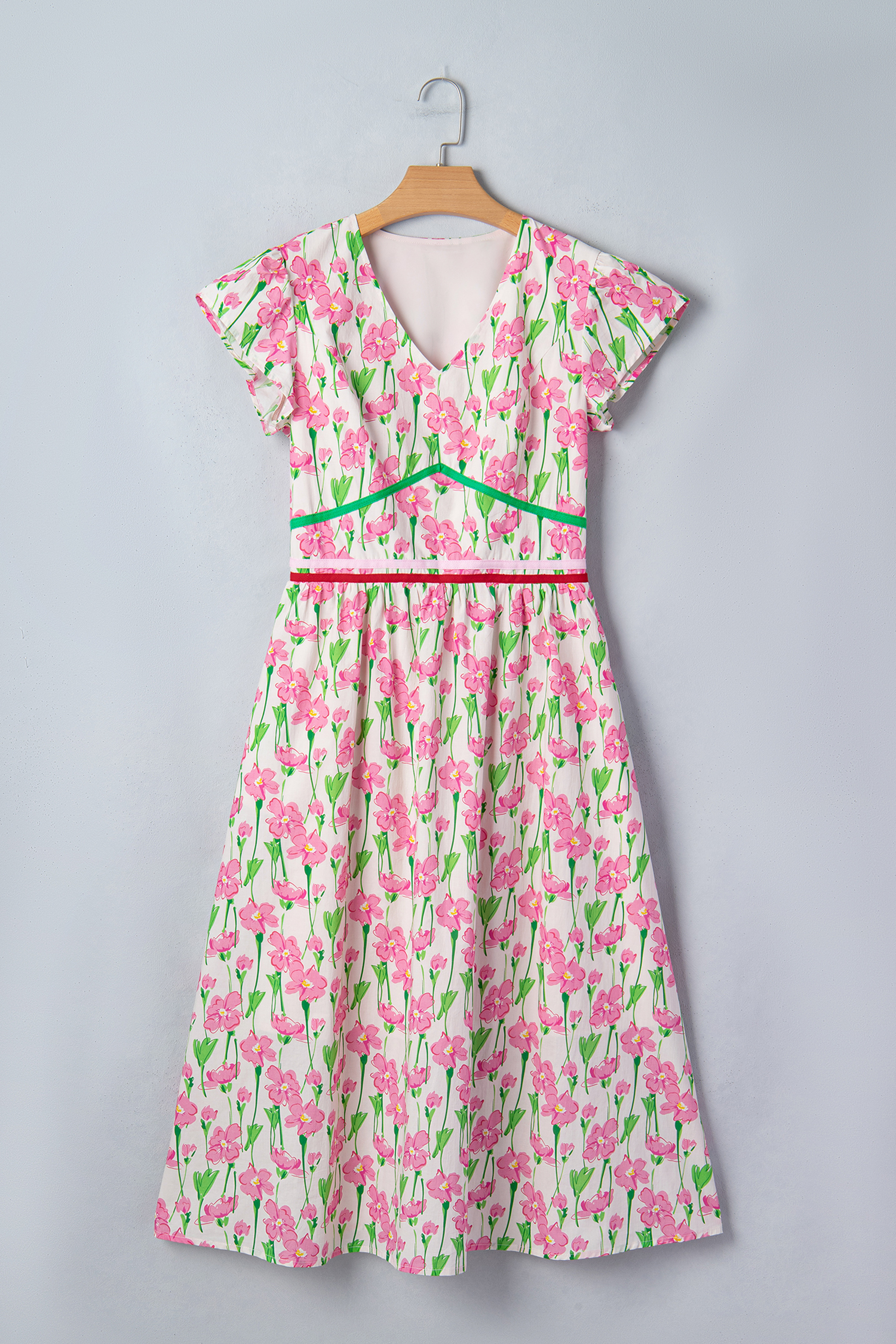 Pink Floral Print Contrast Trim V Neck Short Sleeve Elegant Midi Dress view 15