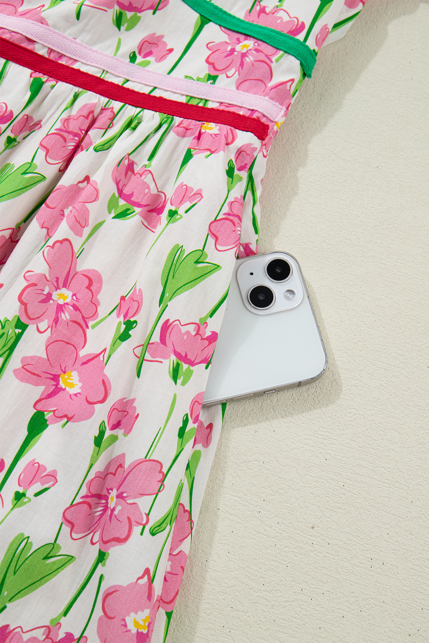 Pink Floral Print Contrast Trim V Neck Short Sleeve Elegant Midi Dress view 24