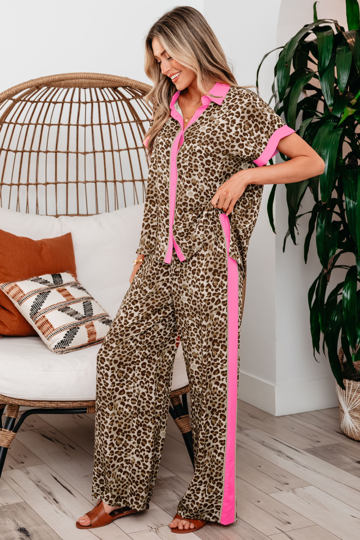 Brown Contrast Trim Leopard Top and Pant Set view 3