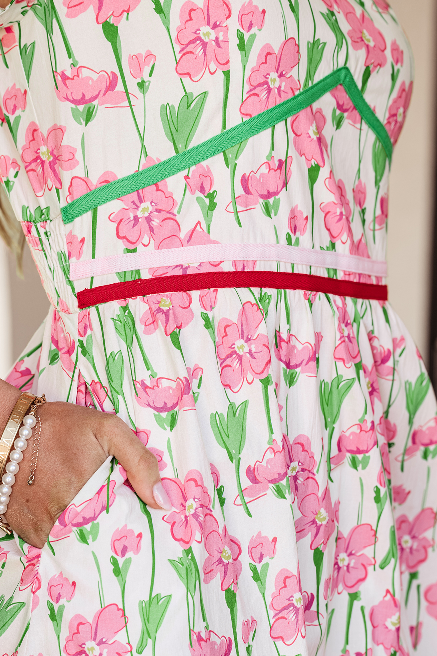 Pink Floral Print Contrast Trim V Neck Short Sleeve Elegant Midi Dress view 8