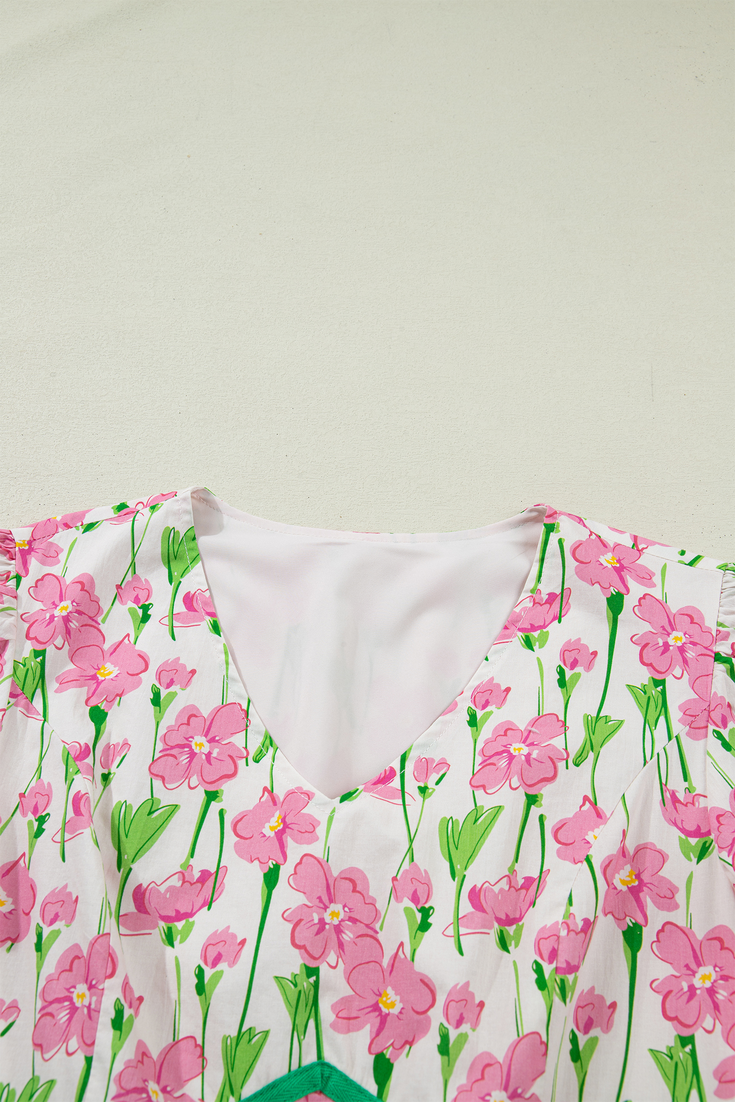 Pink Floral Print Contrast Trim V Neck Short Sleeve Elegant Midi Dress view 17